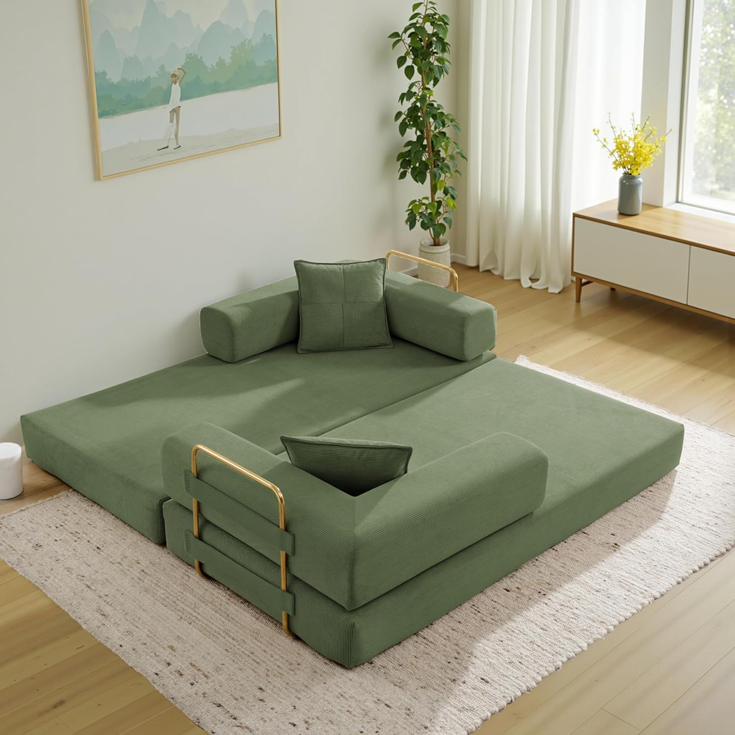 Convertible Couch Sofa Bed Foldable Floor Sleeper | Modern Deep Seat Fold Out Couch | Removable Backrest & Armrests | No Assembly Compression Sofa Sleeper for Living Room, Bedroom | Corduroy Green