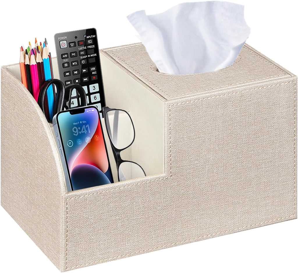 Square Multi-Functional Tissue Box Cover with Storage and Remote Control Holder - Cube Tissue Box Organizer for Bathroom, Nightstand, End Table