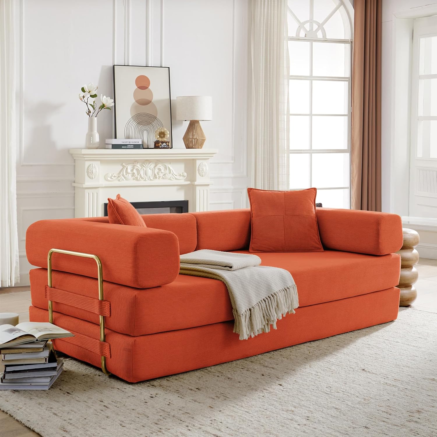 Convertible Couch Sofa Bed Foldable Floor Sleeper | Modern Deep Seat Fold Out Couch | Removable Backrest & Armrests | No Assembly Compression Sofa Sleeper for Living Room, Bedroom | Corduroy Green