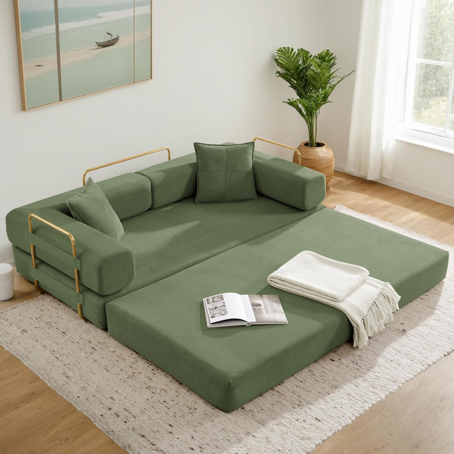 Convertible Couch Sofa Bed Foldable Floor Sleeper | Modern Deep Seat Fold Out Couch | Removable Backrest & Armrests | No Assembly Compression Sofa Sleeper for Living Room, Bedroom | Corduroy Green