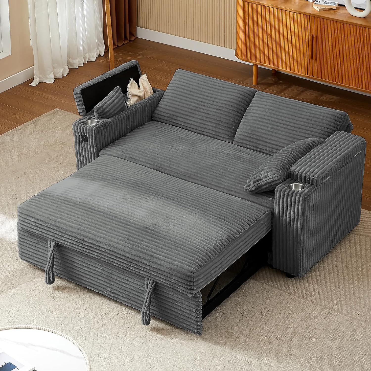 65'' 3-in-1 Folding Convertible Sofa Bed, Queen Size Pullout Sofa, Modern Chenille Fabric, 360° Swivel Side Table, Easy Assembly, Perfect for Living Room