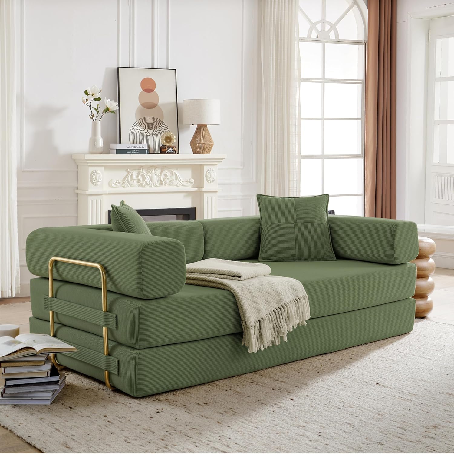 Convertible Couch Sofa Bed Foldable Floor Sleeper | Modern Deep Seat Fold Out Couch | Removable Backrest & Armrests | No Assembly Compression Sofa Sleeper for Living Room, Bedroom | Corduroy Green
