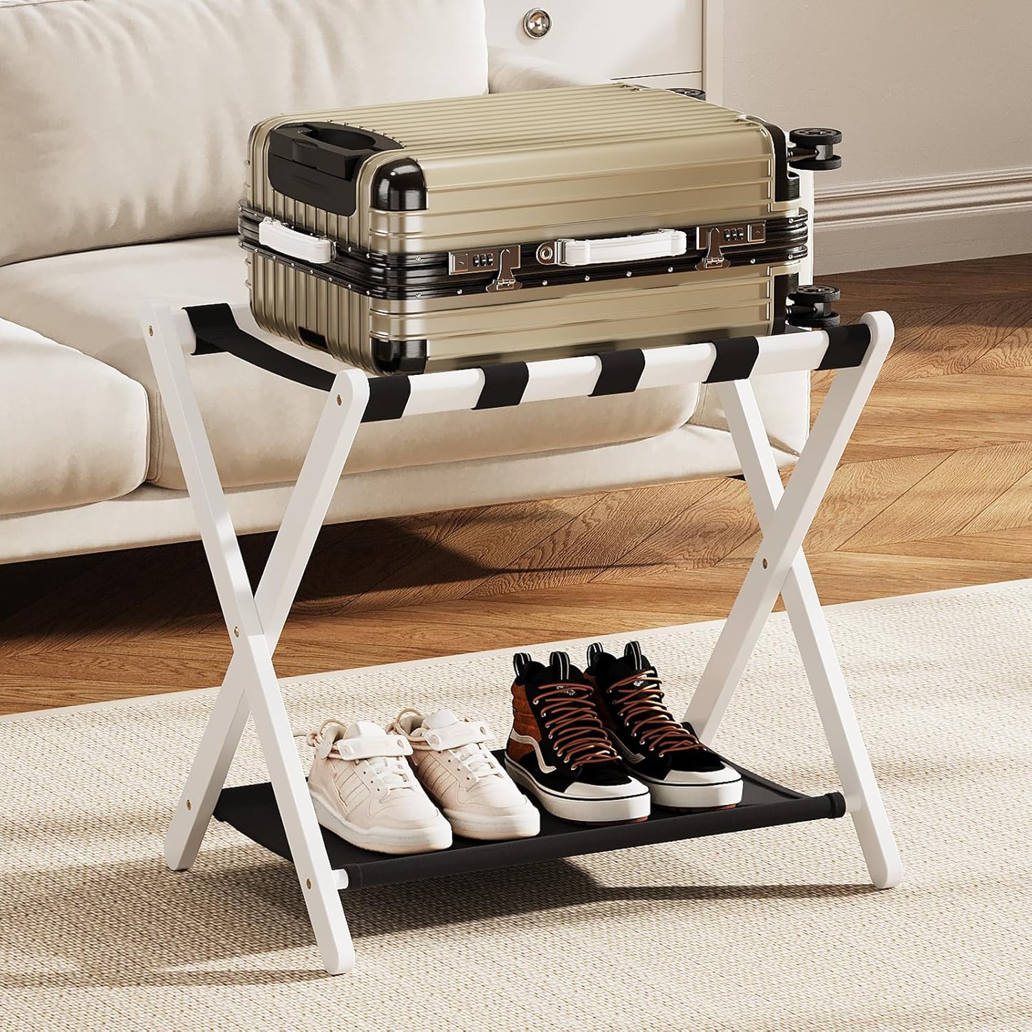 Fully Assembled Walnut Luggage Racks Set of 2, Bamboo 26.77" Luggage Rack Stand for Guest Room, 5 Nylon Straps, Foldable Suitcase Stand with Storage Shelf for Bedroom Hotel, Holds up to 165 Lbs