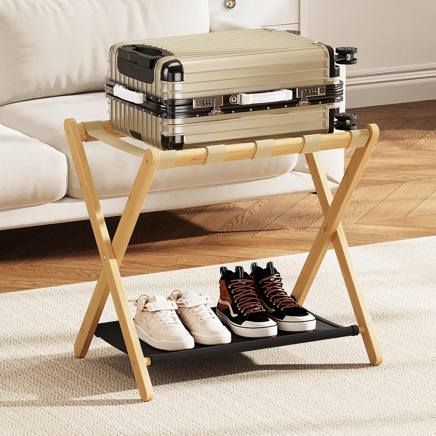 Fully Assembled Walnut Luggage Racks Set of 2, Bamboo 26.77" Luggage Rack Stand for Guest Room, 5 Nylon Straps, Foldable Suitcase Stand with Storage Shelf for Bedroom Hotel, Holds up to 165 Lbs