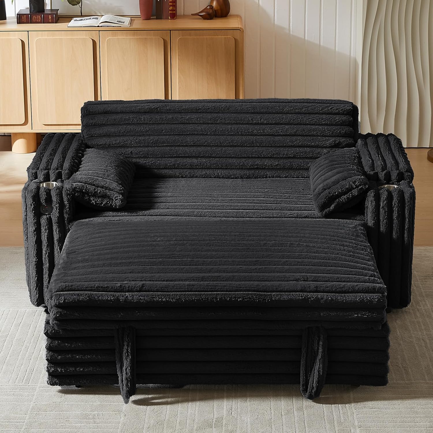 65'' 3-in-1 Folding Convertible Sofa Bed, Queen Size Pullout Sofa, Modern Chenille Fabric, 360° Swivel Side Table, Easy Assembly, Perfect for Living Room