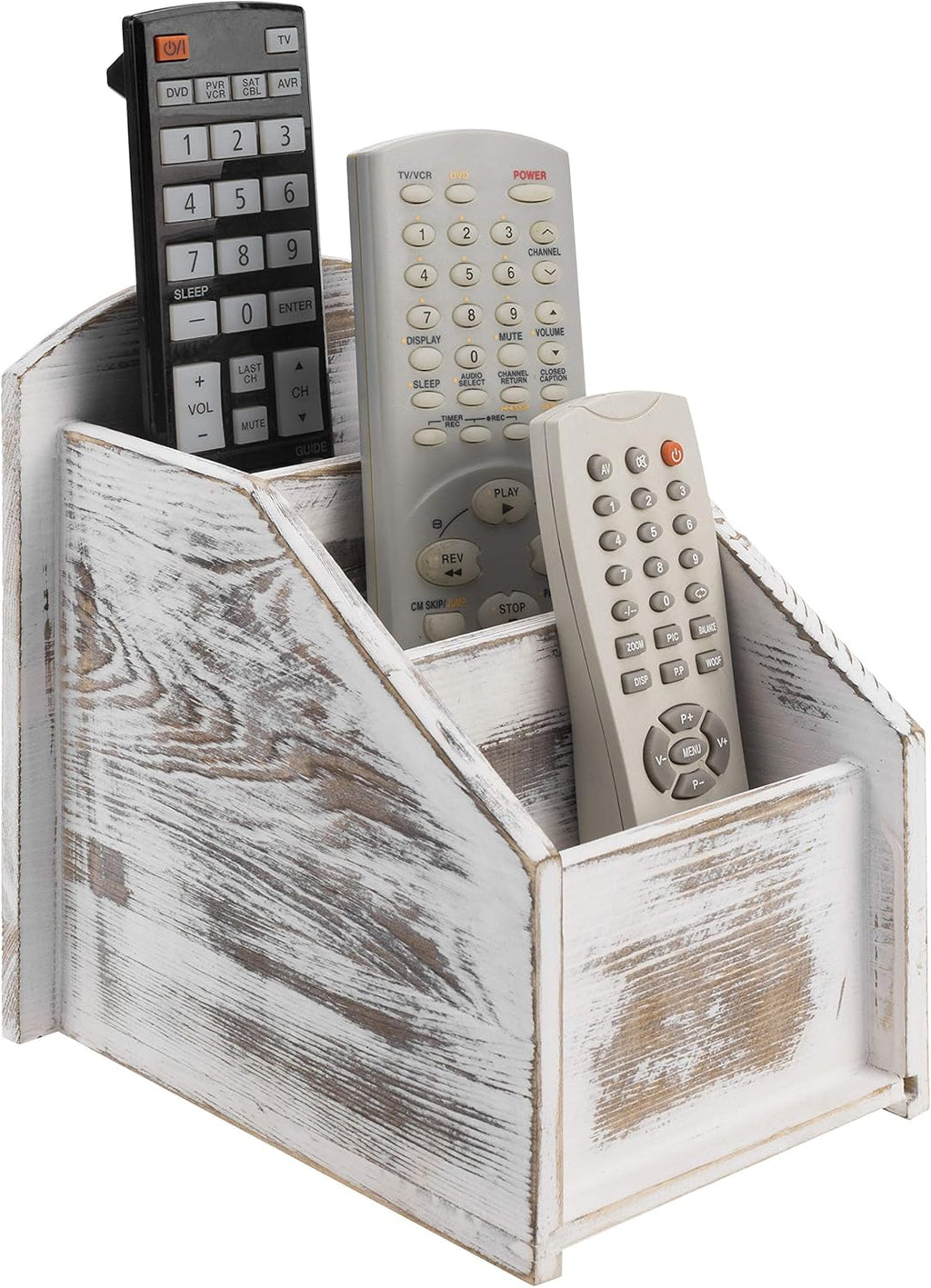 MyGift Remote Control Holder,TV Remote Holder,Whitewashed Wood Remote Caddy for Table,Remote Control Organizer Caddy with 3 Compartments, TV Remote Media Remote Storage Box for Living Room