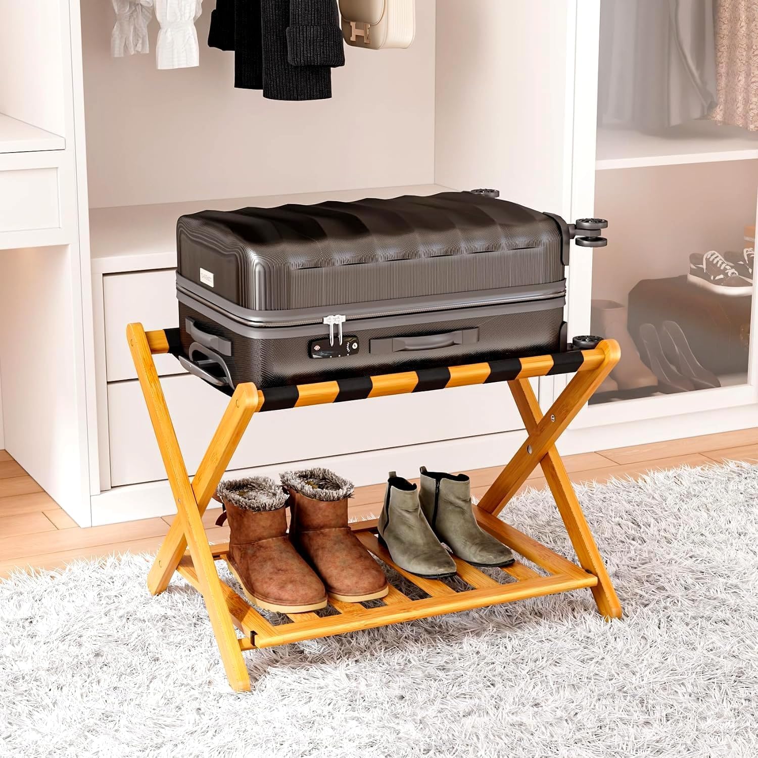 Fully Assembled Walnut Bamboo Luggage Rack with Shoe Shelf, Folding Suitcase Stand with 5 Heavy-Duty Straps, Large Wooden Luggage Holders for Guest Room, Ideal for Bedroom, Hotel