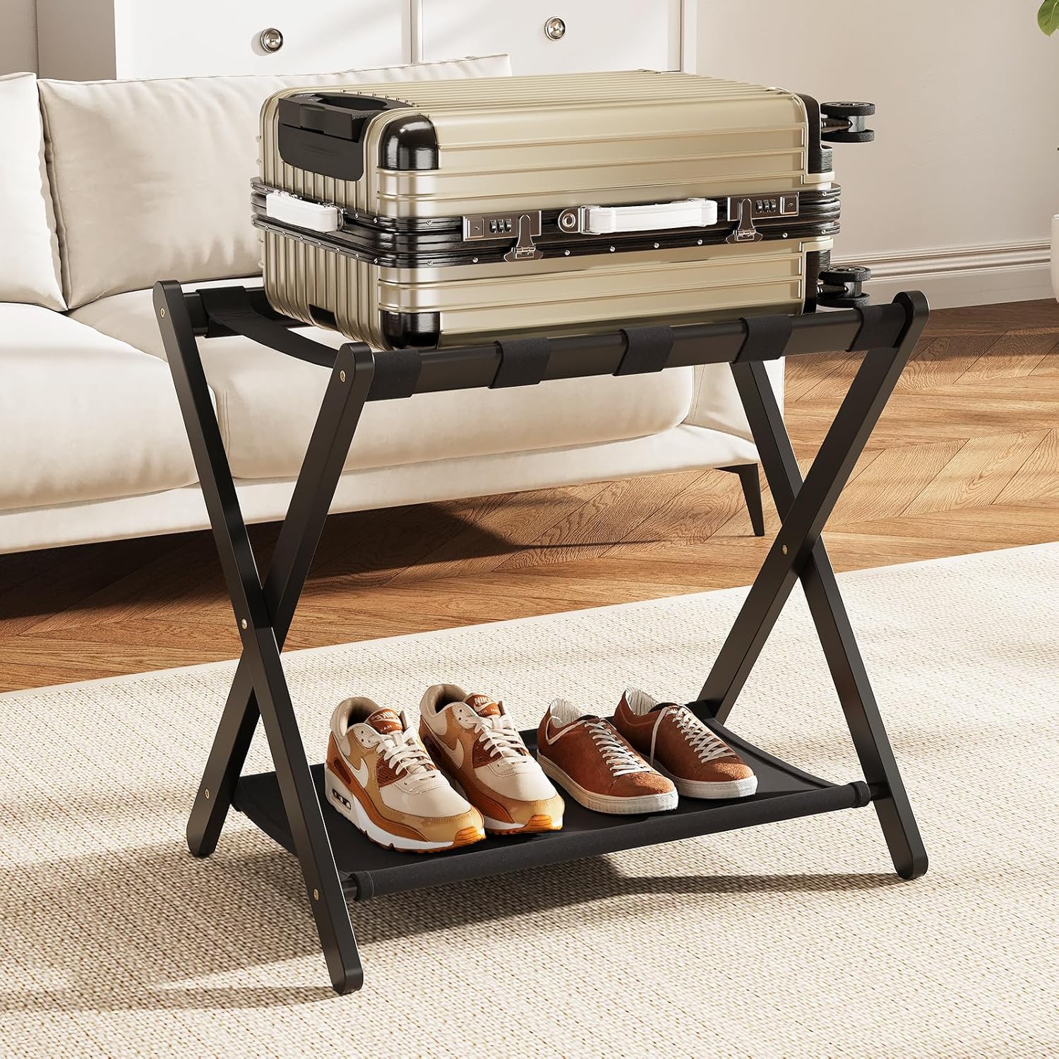 Fully Assembled Walnut Luggage Racks Set of 2, Bamboo 26.77" Luggage Rack Stand for Guest Room, 5 Nylon Straps, Foldable Suitcase Stand with Storage Shelf for Bedroom Hotel, Holds up to 165 Lbs