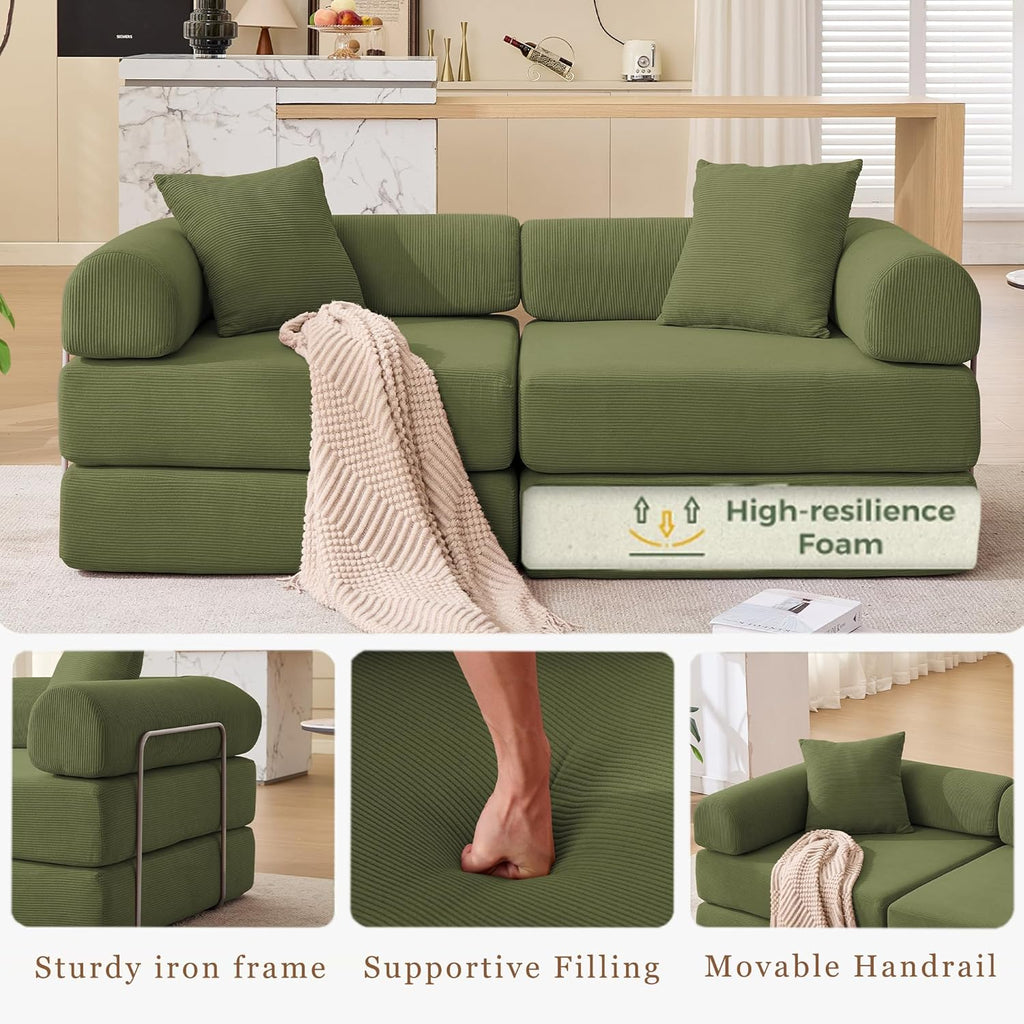 73" Convertible Sleeper Sofa Bed, Corduroy Boneless Couch in a Box, 4-in-1 Folding Mattress Loveseat Couch, Comfy Modular Foldable Floor Sleeper Sofa with 2 Pillows and Fixed-Shape Frame (Green, 73")