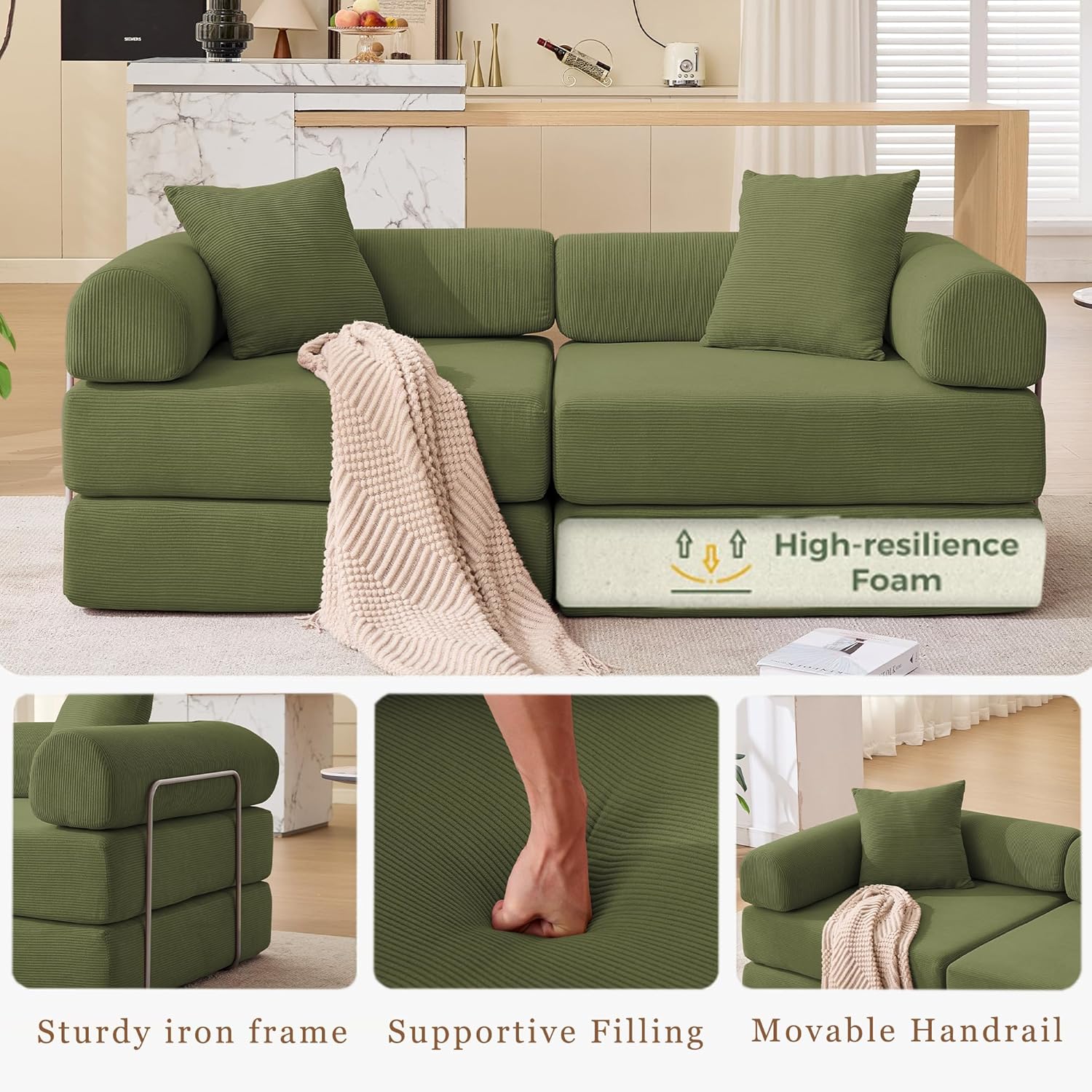 73" Convertible Sleeper Sofa Bed, Corduroy Boneless Couch in a Box, 4-in-1 Folding Mattress Loveseat Couch, Comfy Modular Foldable Floor Sleeper Sofa with 2 Pillows and Fixed-Shape Frame (Green, 73")