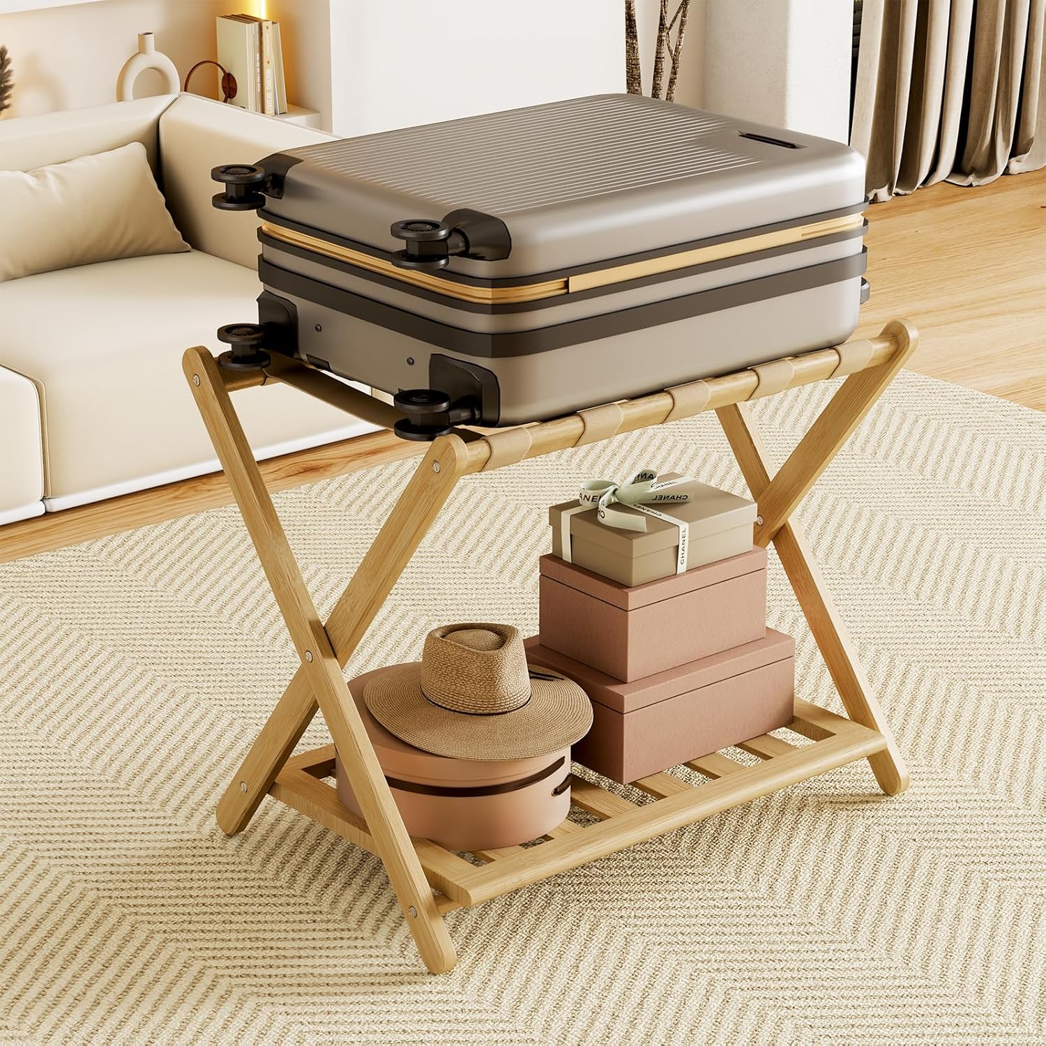 Fully Assembled Walnut Luggage Racks Set of 2, Bamboo Luggage Rack Stand for Guest Room, 5 Nylon Straps, 26.77" Folding Suitcase Stand with Storage Shelf for Bedroom Hotel, Holds up to 165 Lbs