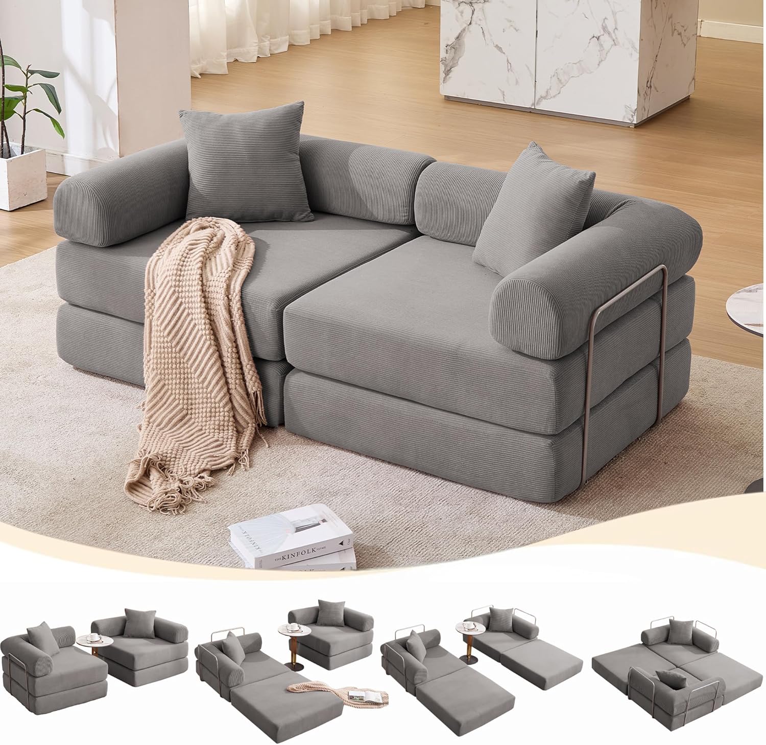 73" Convertible Sleeper Sofa Bed, Corduroy Boneless Couch in a Box, 4-in-1 Folding Mattress Loveseat Couch, Comfy Modular Foldable Floor Sleeper Sofa with 2 Pillows and Fixed-Shape Frame (Green, 73")