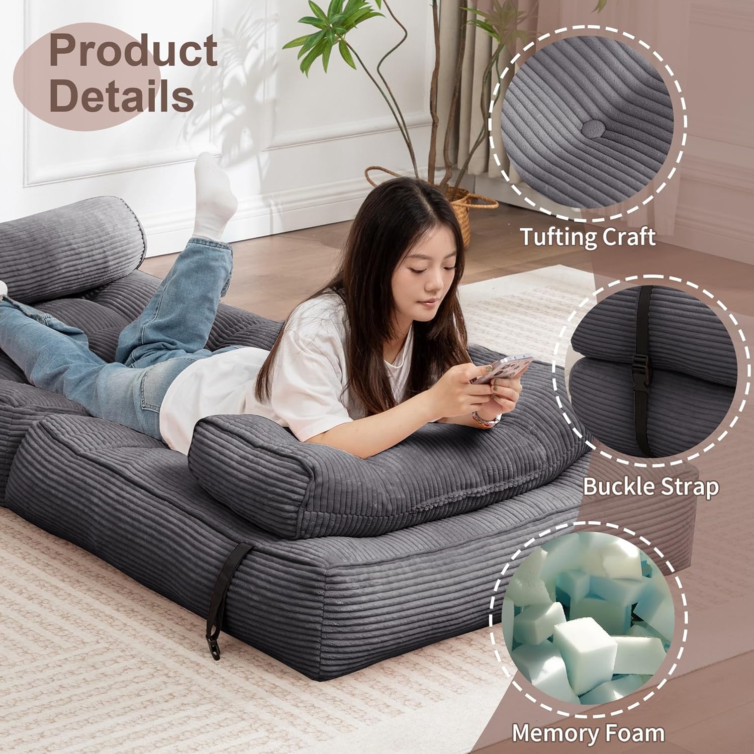 Folding Sofa Bed, Convertible Sleeper Chair with Back Support & Pillow, Foldable Floor Couch with High-Density Foam, Futon Mattress for Living Room/Bedroom/Apartment/Guest, Single, Dark Grey