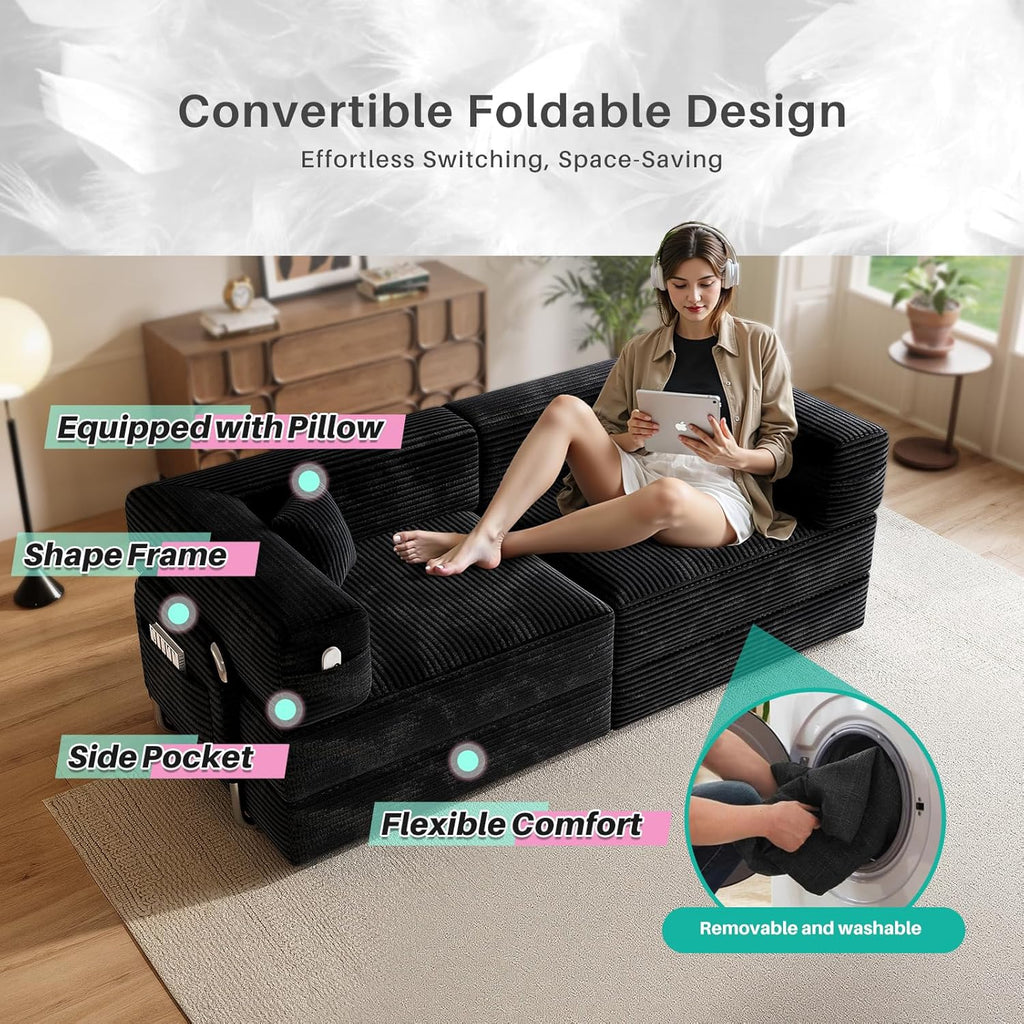 78" Convertible Sofa Bed, Modular Corduroy Floor Sleeper Sofa with Fixed-Shape Frame and 2 Pillows, Love Seat Folding Mattress Couch for Living Room Small Spaces - No Assembly, Black