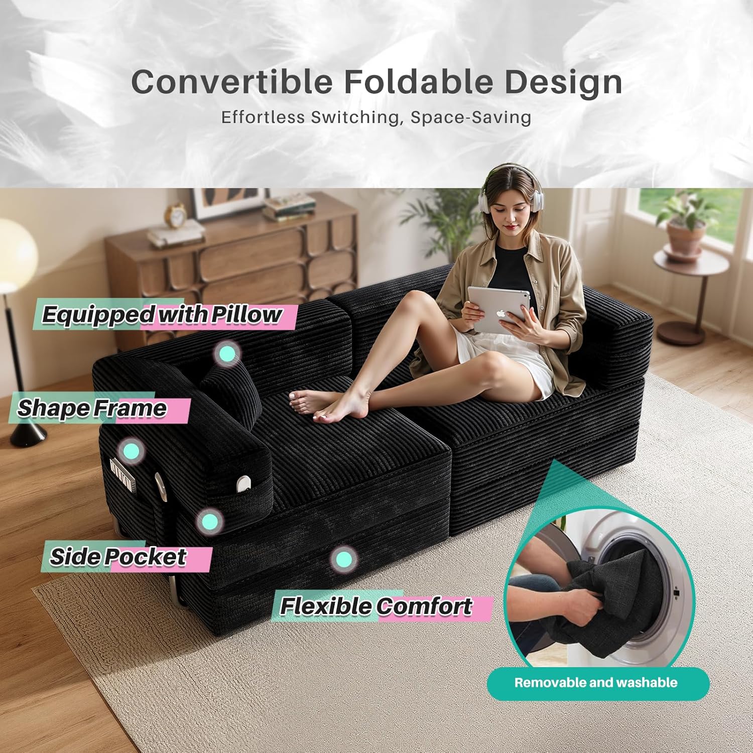 78" Convertible Sofa Bed, Modular Corduroy Floor Sleeper Sofa with Fixed-Shape Frame and 2 Pillows, Love Seat Folding Mattress Couch for Living Room Small Spaces - No Assembly, Black