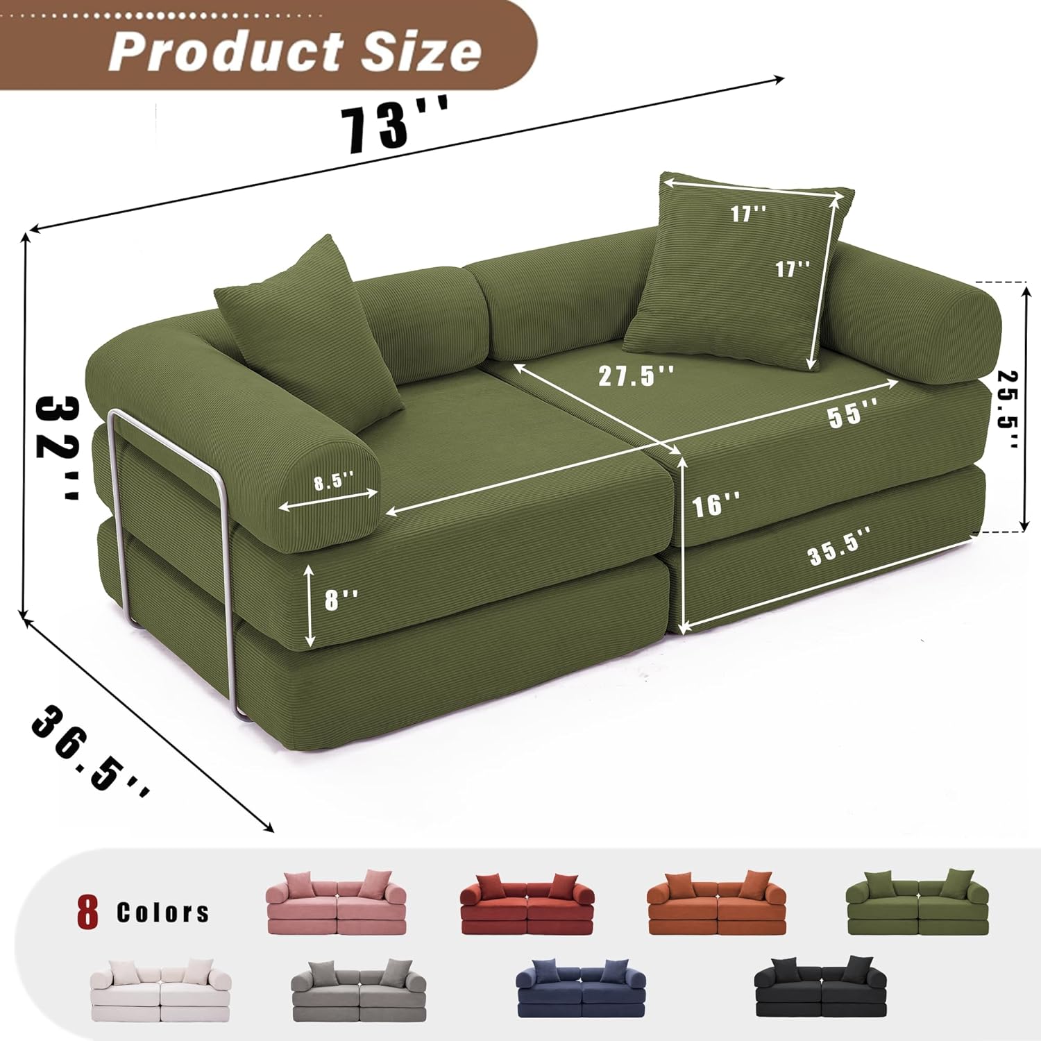 73" Convertible Sleeper Sofa Bed, Corduroy Boneless Couch in a Box, 4-in-1 Folding Mattress Loveseat Couch, Comfy Modular Foldable Floor Sleeper Sofa with 2 Pillows and Fixed-Shape Frame (Green, 73")