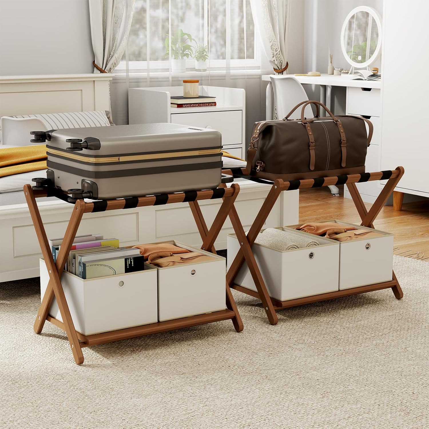 Fully Assembled Walnut Luggage Racks Set of 2, Bamboo Luggage Rack Stand for Guest Room, 5 Nylon Straps, 26.77" Folding Suitcase Stand with Storage Shelf for Bedroom Hotel, Holds up to 165 Lbs