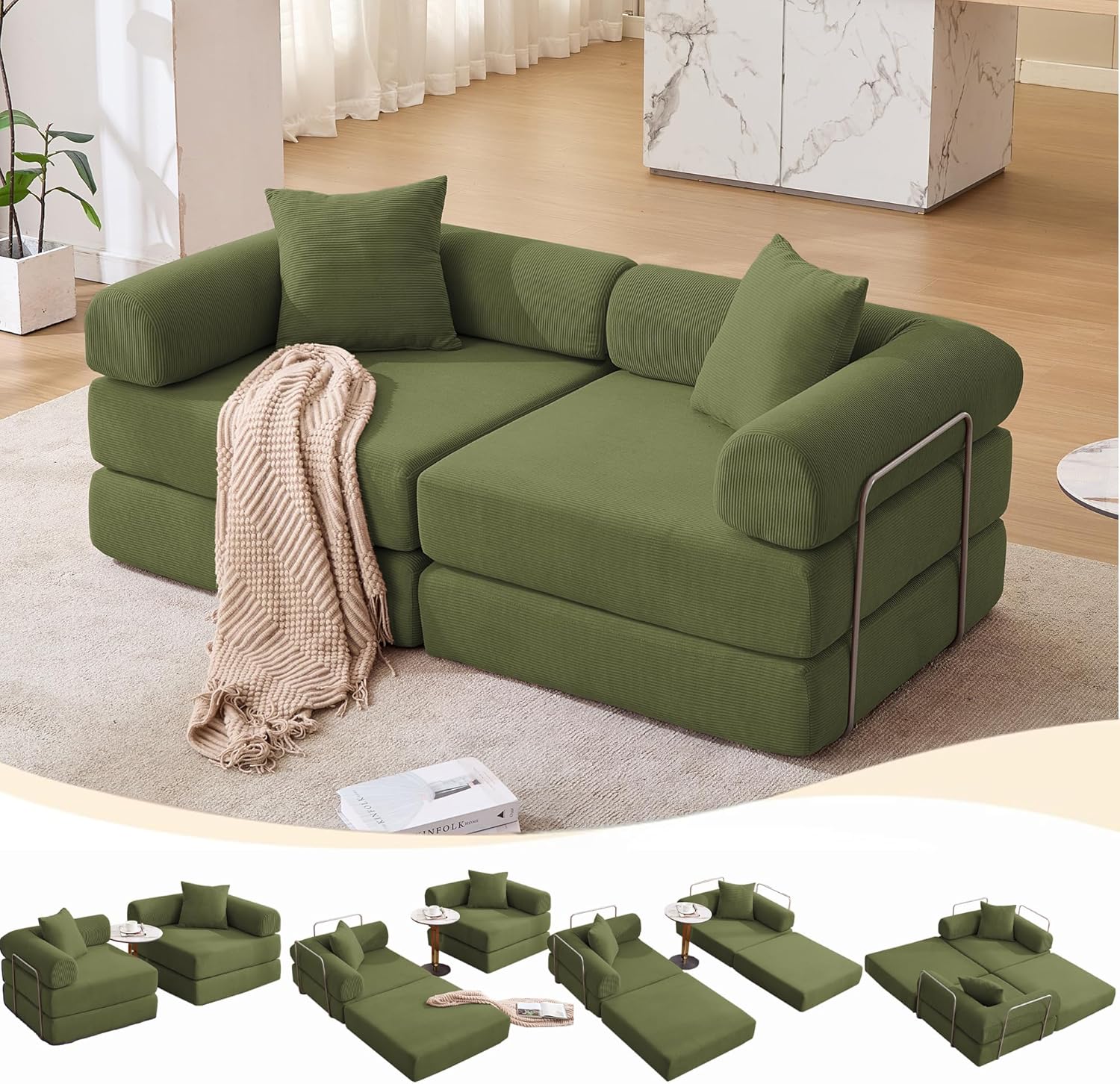73" Convertible Sleeper Sofa Bed, Corduroy Boneless Couch in a Box, 4-in-1 Folding Mattress Loveseat Couch, Comfy Modular Foldable Floor Sleeper Sofa with 2 Pillows and Fixed-Shape Frame (Green, 73")