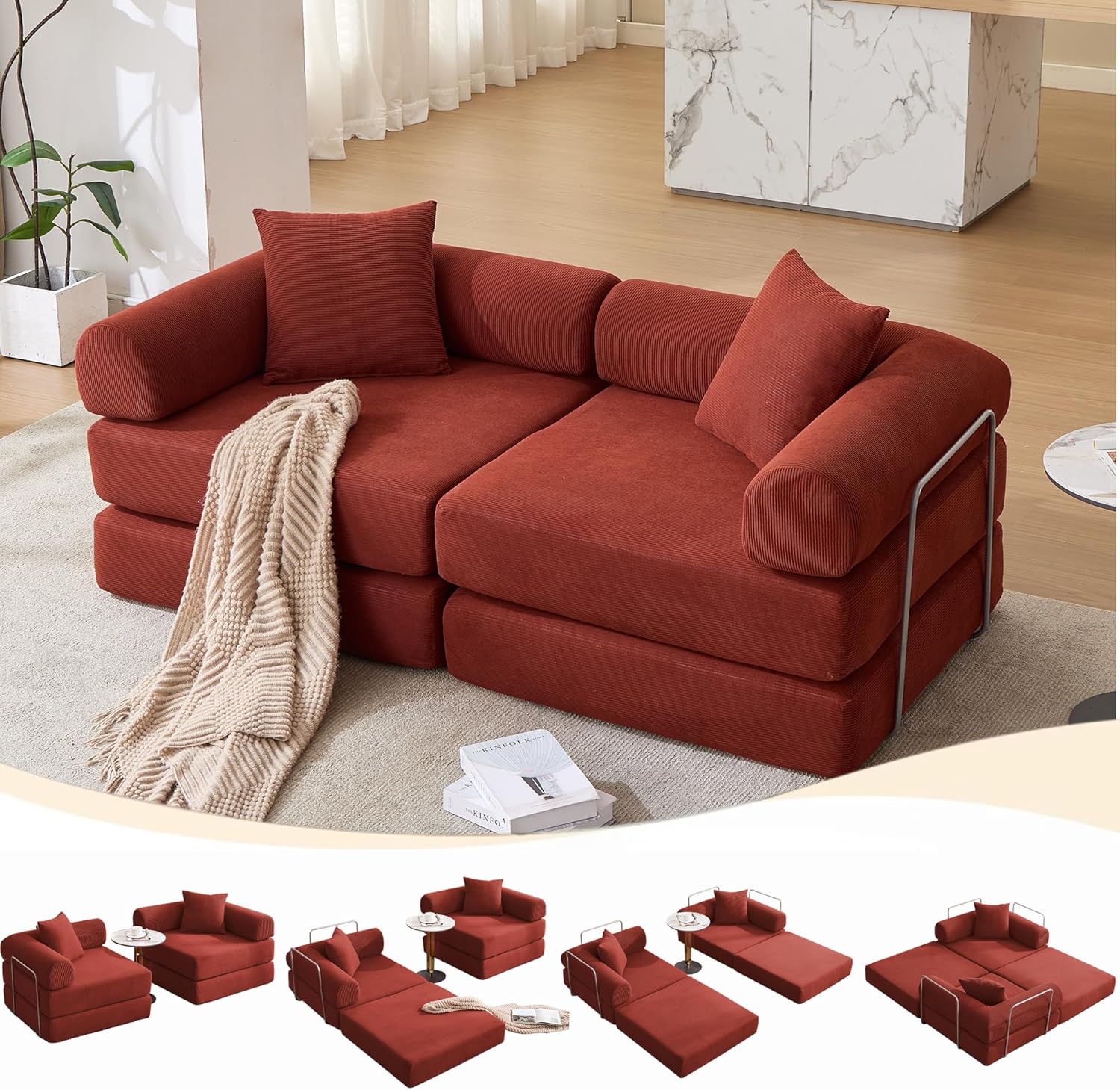 73" Convertible Sleeper Sofa Bed, Corduroy Boneless Couch in a Box, 4-in-1 Folding Mattress Loveseat Couch, Comfy Modular Foldable Floor Sleeper Sofa with 2 Pillows and Fixed-Shape Frame (Green, 73")