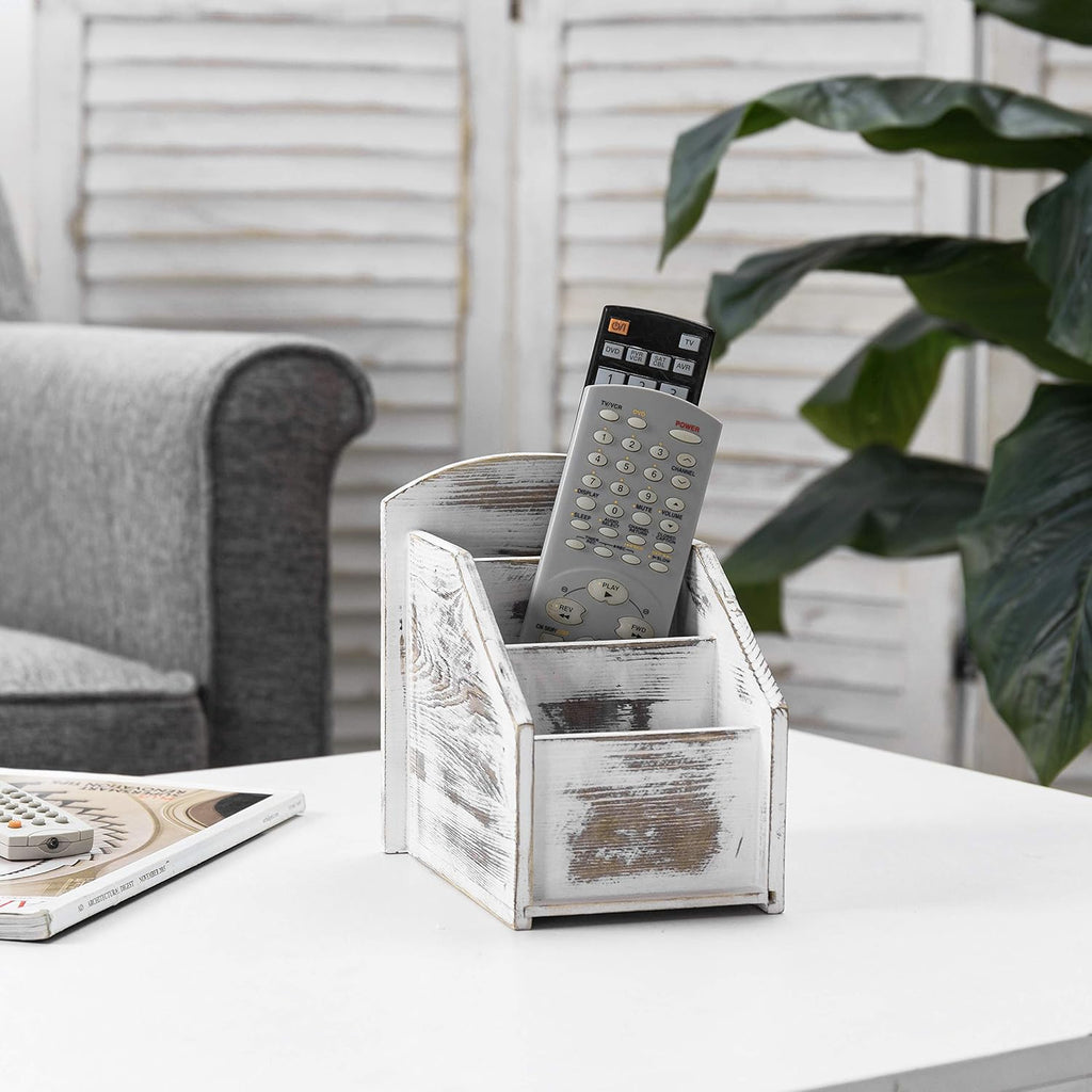 MyGift Remote Control Holder,TV Remote Holder,Whitewashed Wood Remote Caddy for Table,Remote Control Organizer Caddy with 3 Compartments, TV Remote Media Remote Storage Box for Living Room