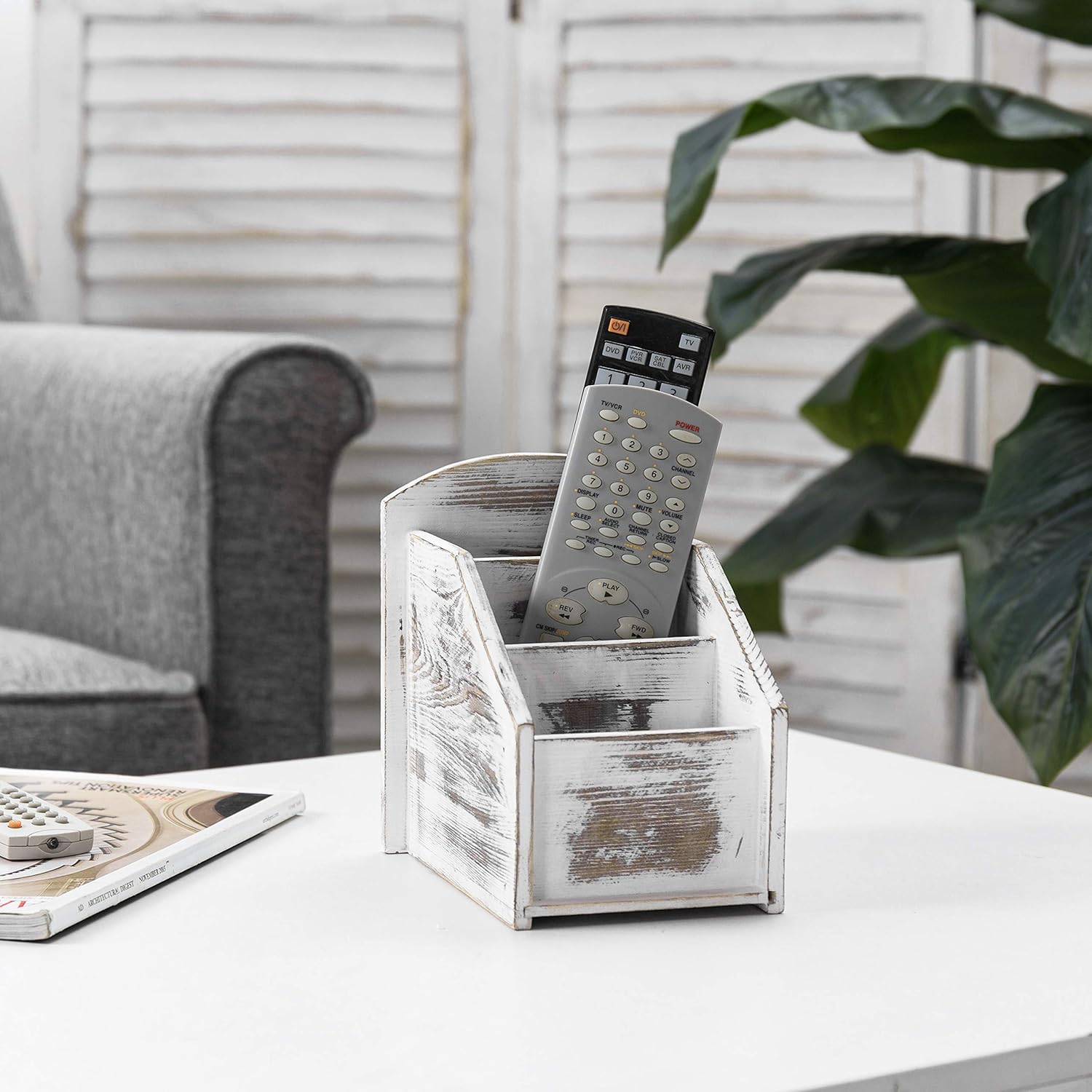 MyGift Remote Control Holder,TV Remote Holder,Whitewashed Wood Remote Caddy for Table,Remote Control Organizer Caddy with 3 Compartments, TV Remote Media Remote Storage Box for Living Room