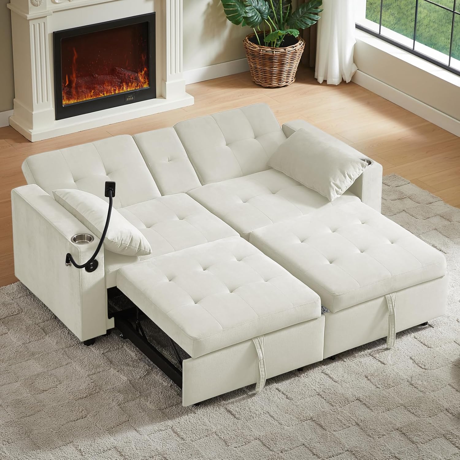 65'' 3-in-1 Folding Convertible Sofa Bed, Queen Size Pullout Sofa, Modern Chenille Fabric, 360° Swivel Side Table, Easy Assembly, Perfect for Living Room