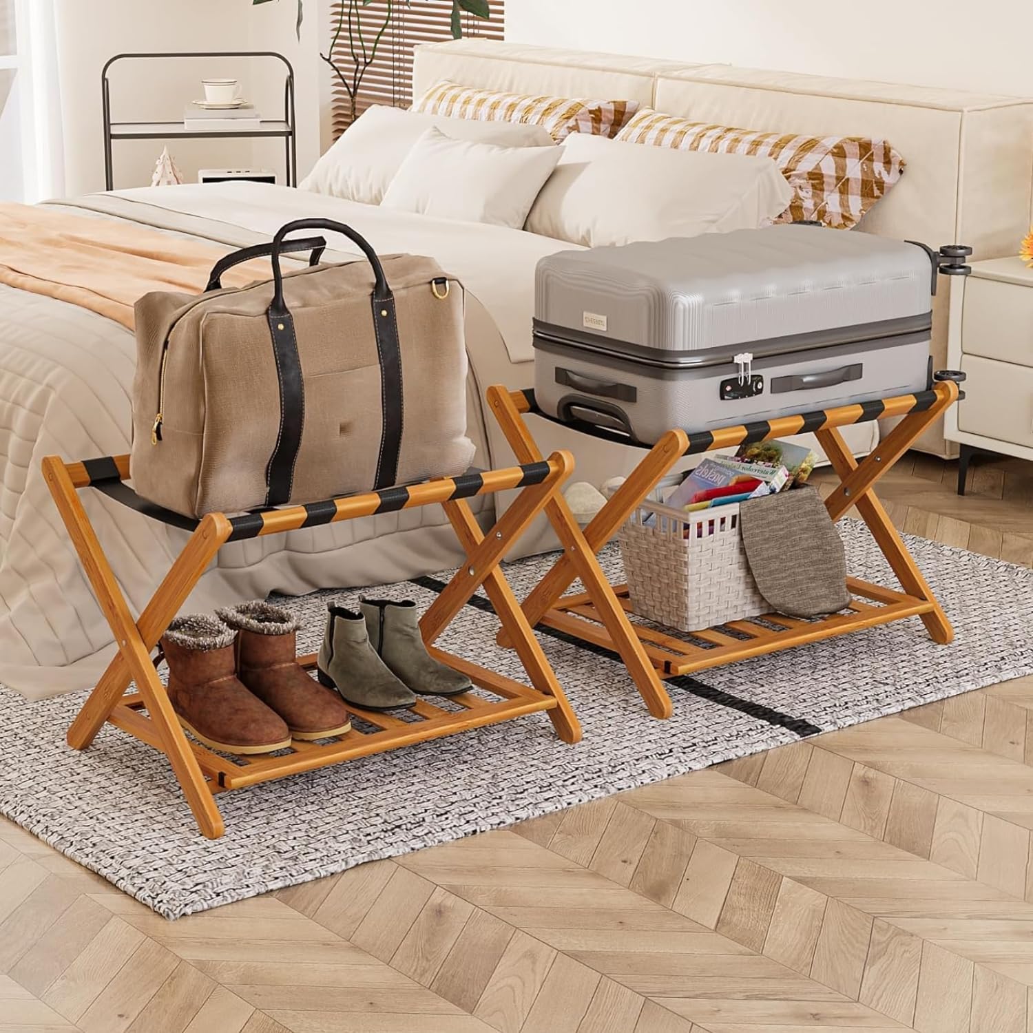 Fully Assembled Walnut Bamboo Luggage Rack with Shoe Shelf, Folding Suitcase Stand with 5 Heavy-Duty Straps, Large Wooden Luggage Holders for Guest Room, Ideal for Bedroom, Hotel