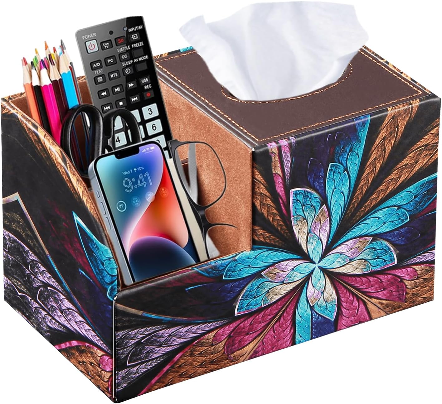 Square Multi-Functional Tissue Box Cover with Storage and Remote Control Holder - Cube Tissue Box Organizer for Bathroom, Nightstand, End Table