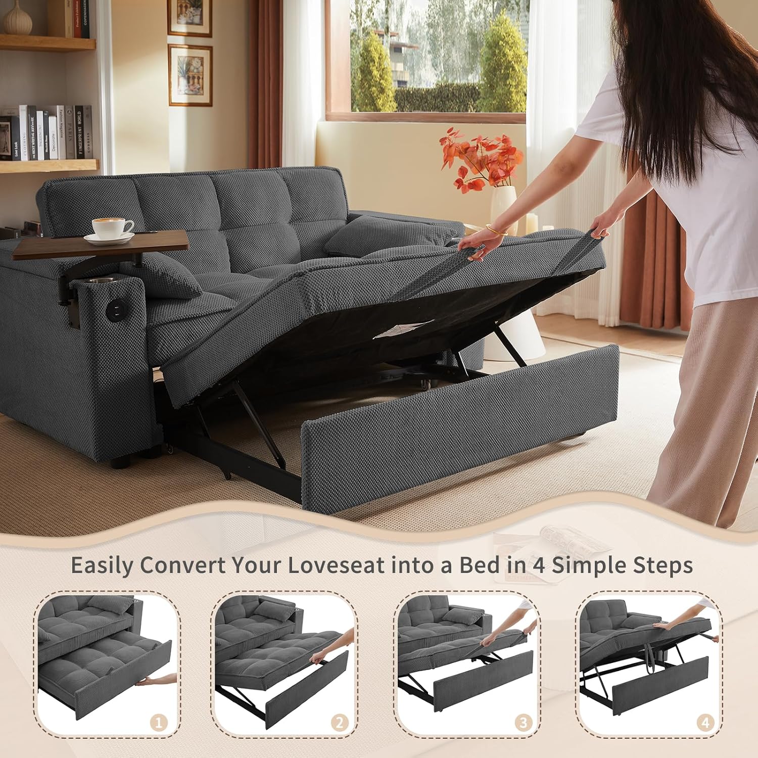 65'' 3-in-1 Folding Convertible Sofa Bed, Queen Size Pullout Sofa, Modern Chenille Fabric, 360° Swivel Side Table, Easy Assembly, Perfect for Living Room