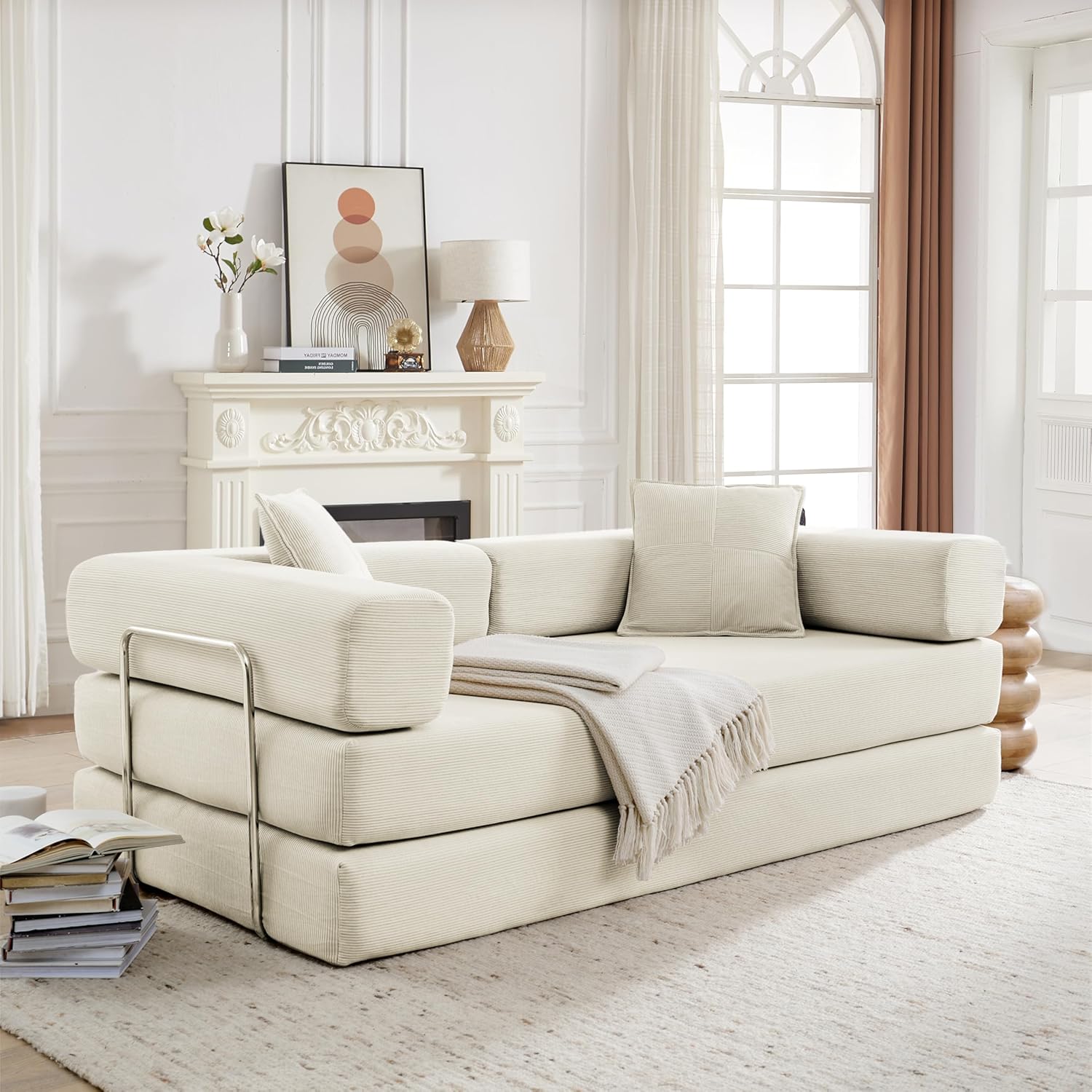 Convertible Couch Sofa Bed Foldable Floor Sleeper | Modern Deep Seat Fold Out Couch | Removable Backrest & Armrests | No Assembly Compression Sofa Sleeper for Living Room, Bedroom | Corduroy Green