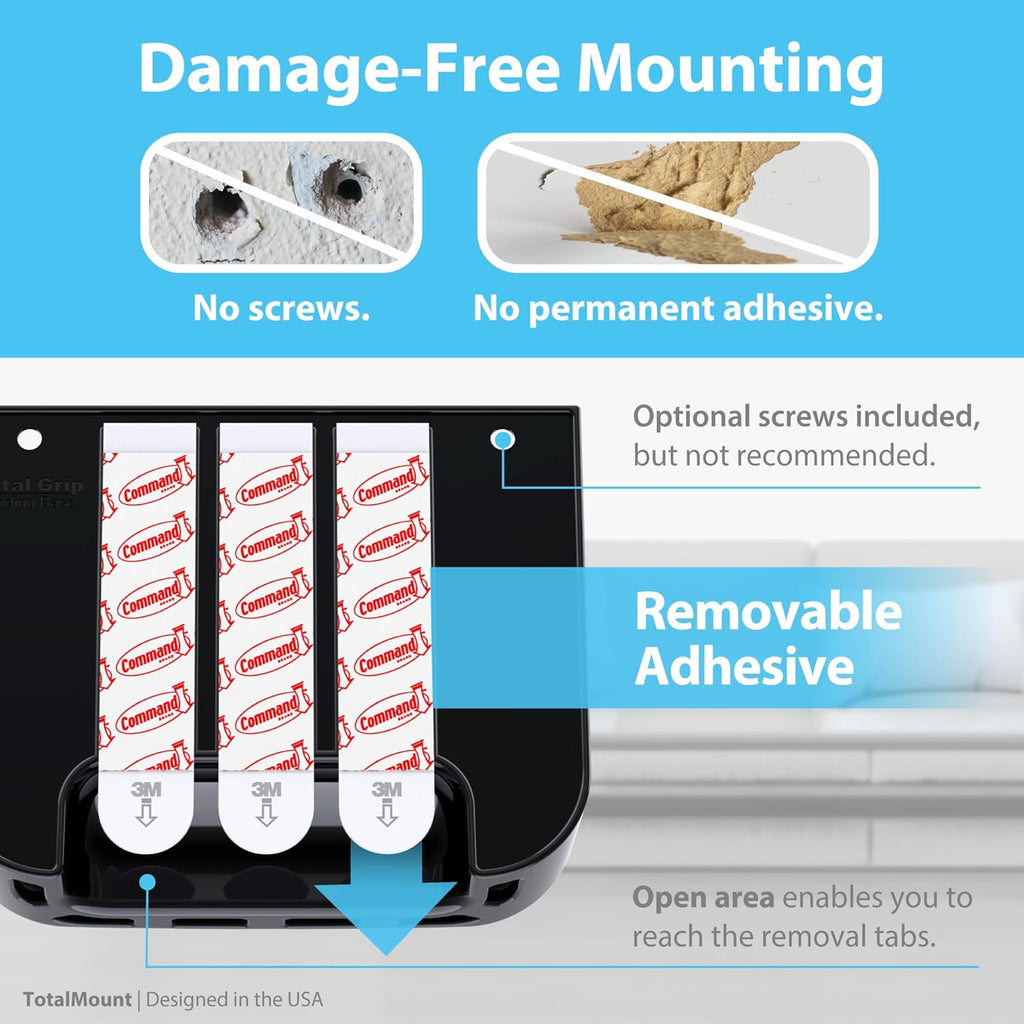 TotalMount Hole-Free Remote Holders – Eliminate Need to Drill Holes in Your Wall (For 2 or 3 Remote Controls – Black – Quantity 2)