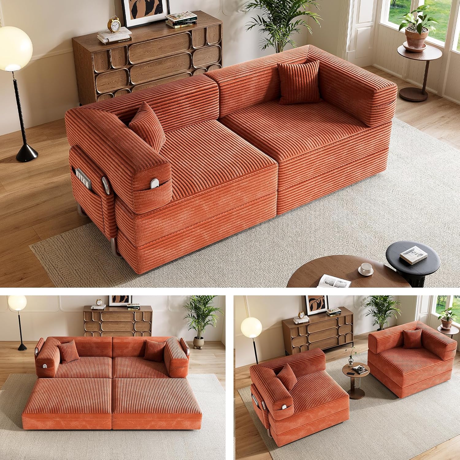 78" Convertible Sofa Bed, Modular Corduroy Floor Sleeper Sofa with Fixed-Shape Frame and 2 Pillows, Love Seat Folding Mattress Couch for Living Room Small Spaces - No Assembly, Black