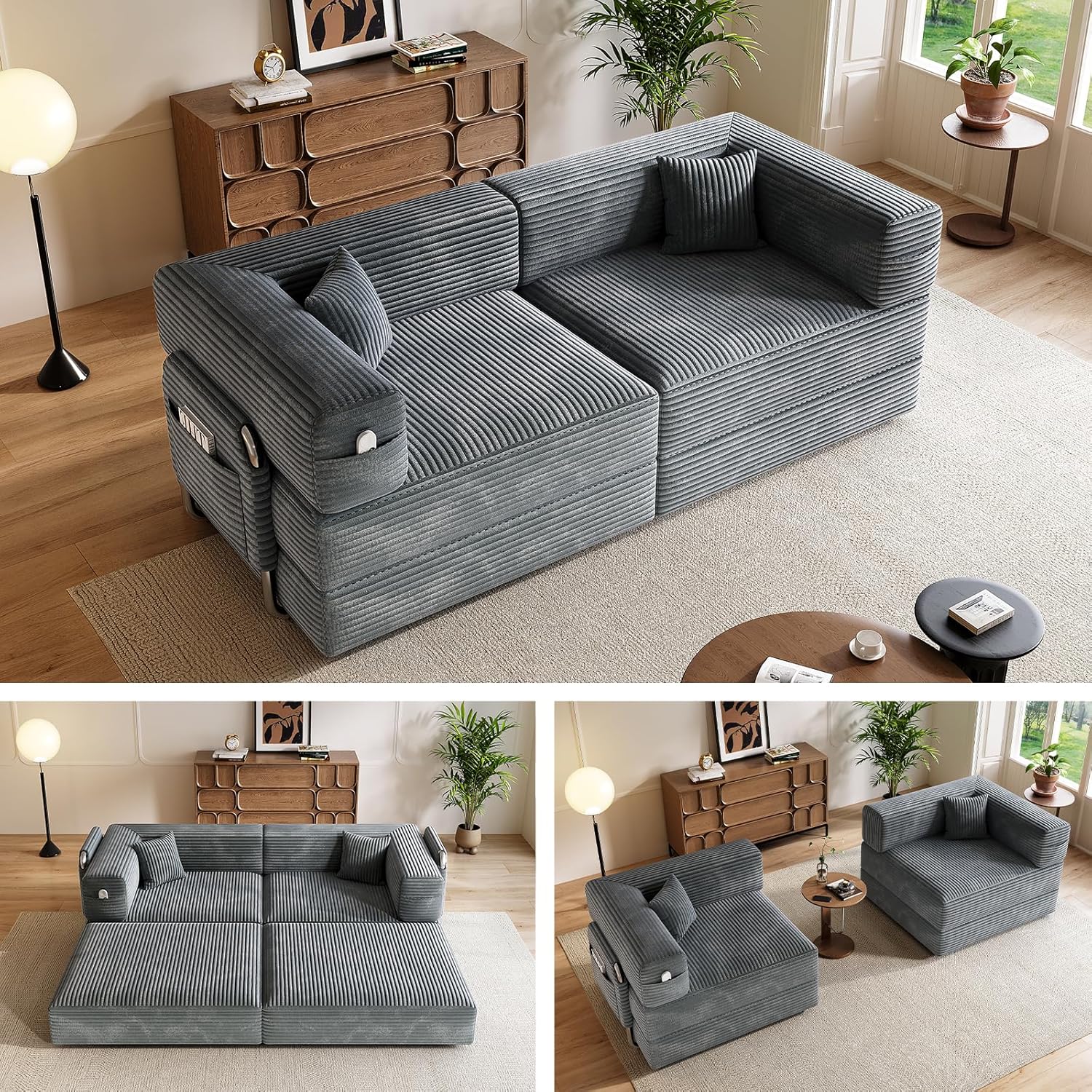 78" Convertible Sofa Bed, Modular Corduroy Floor Sleeper Sofa with Fixed-Shape Frame and 2 Pillows, Love Seat Folding Mattress Couch for Living Room Small Spaces - No Assembly, Black