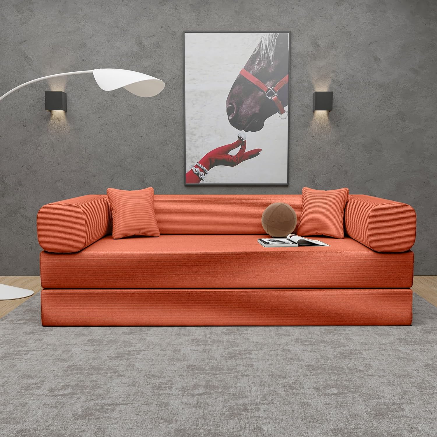 Convertible Couch Sofa Bed Foldable Floor Sleeper | Modern Deep Seat Fold Out Couch | Removable Backrest & Armrests | No Assembly Compression Sofa Sleeper for Living Room, Bedroom | Corduroy Green