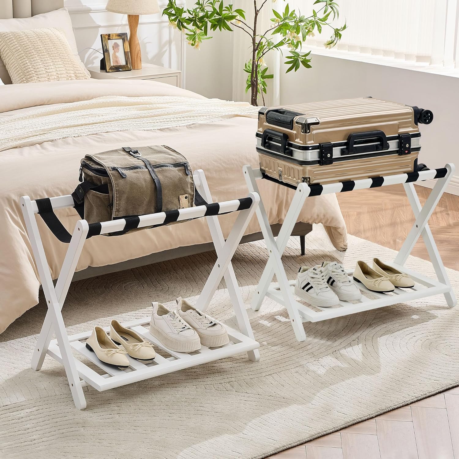 Fully Assembled Walnut Luggage Racks Set of 2, Bamboo Luggage Rack Stand for Guest Room, 5 Nylon Straps, 26.77" Folding Suitcase Stand with Storage Shelf for Bedroom Hotel, Holds up to 165 Lbs