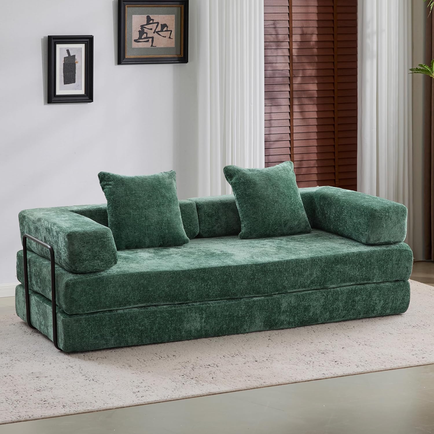 Convertible Couch Sofa Bed Foldable Floor Sleeper | Modern Deep Seat Fold Out Couch | Removable Backrest & Armrests | No Assembly Compression Sofa Sleeper for Living Room, Bedroom | Corduroy Green