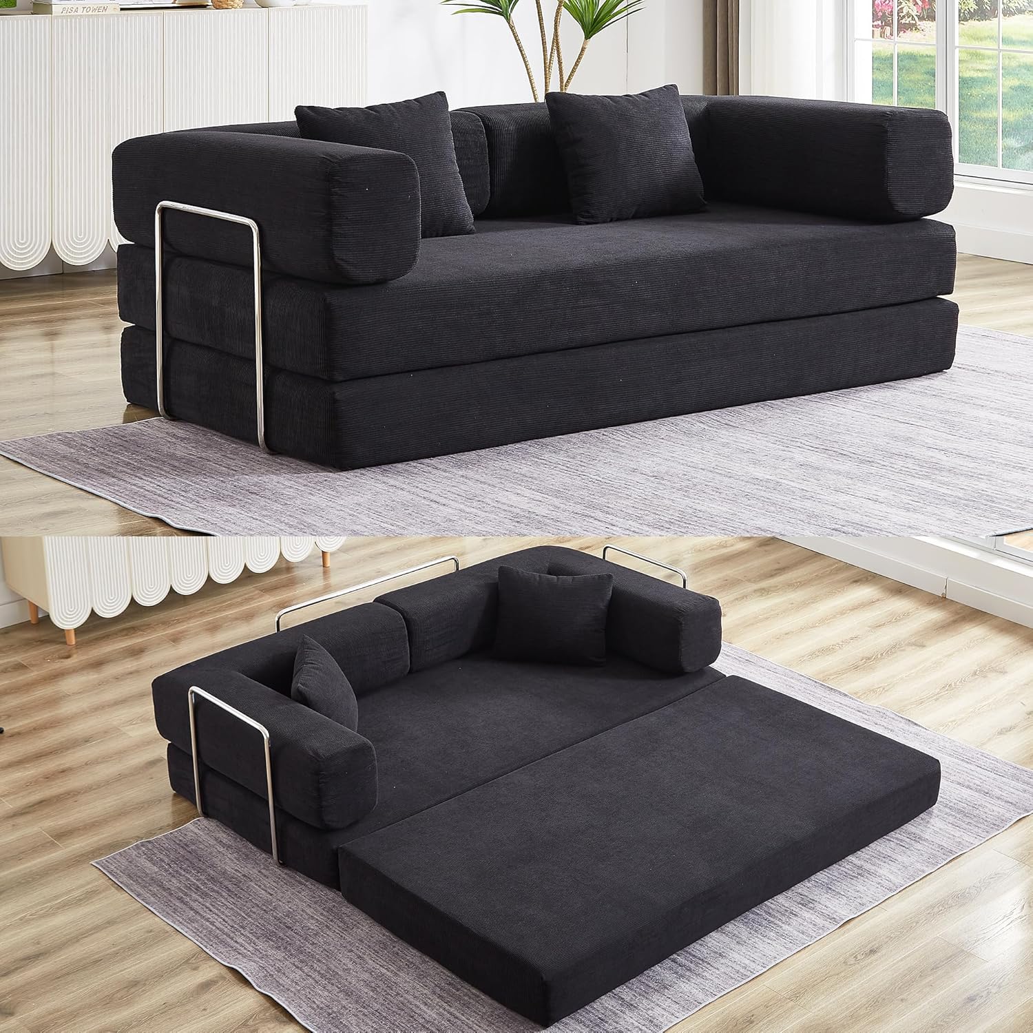 Convertible Couch Sofa Bed Foldable Floor Sleeper | Modern Deep Seat Fold Out Couch | Removable Backrest & Armrests | No Assembly Compression Sofa Sleeper for Living Room, Bedroom | Corduroy Green