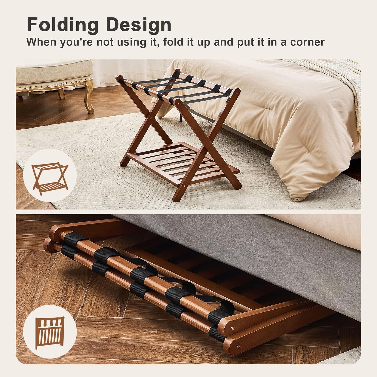 Fully Assembled Walnut Luggage Racks Set of 2, Bamboo Luggage Rack Stand for Guest Room, 5 Nylon Straps, 26.77" Folding Suitcase Stand with Storage Shelf for Bedroom Hotel, Holds up to 165 Lbs