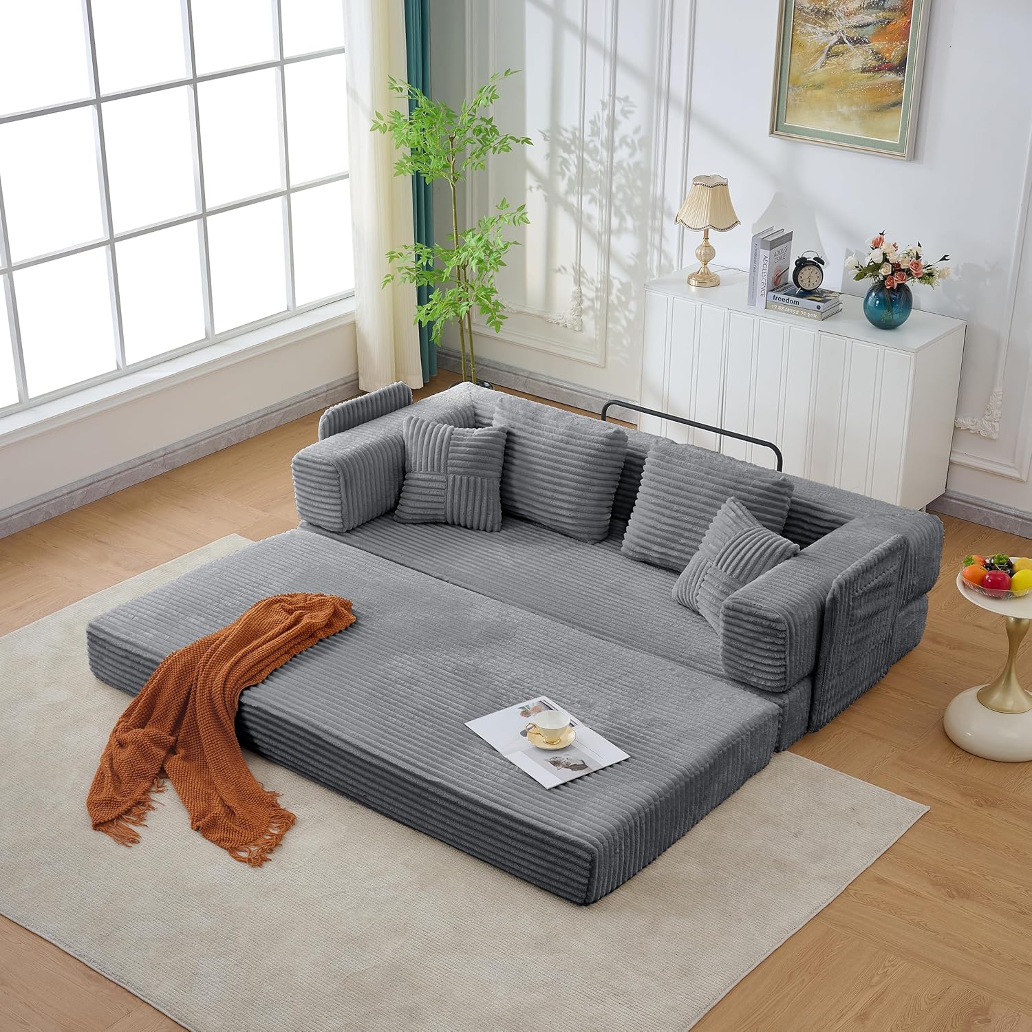 Convertible Couch Sofa Bed Foldable Floor Sleeper | Modern Deep Seat Fold Out Couch | Removable Backrest & Armrests | No Assembly Compression Sofa Sleeper for Living Room, Bedroom | Corduroy Green