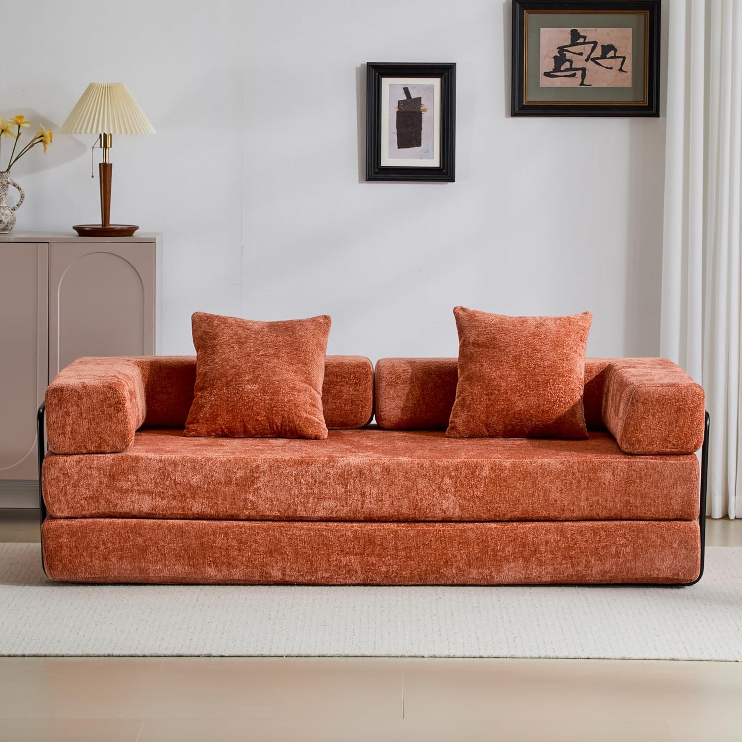 Convertible Couch Sofa Bed Foldable Floor Sleeper | Modern Deep Seat Fold Out Couch | Removable Backrest & Armrests | No Assembly Compression Sofa Sleeper for Living Room, Bedroom | Corduroy Green