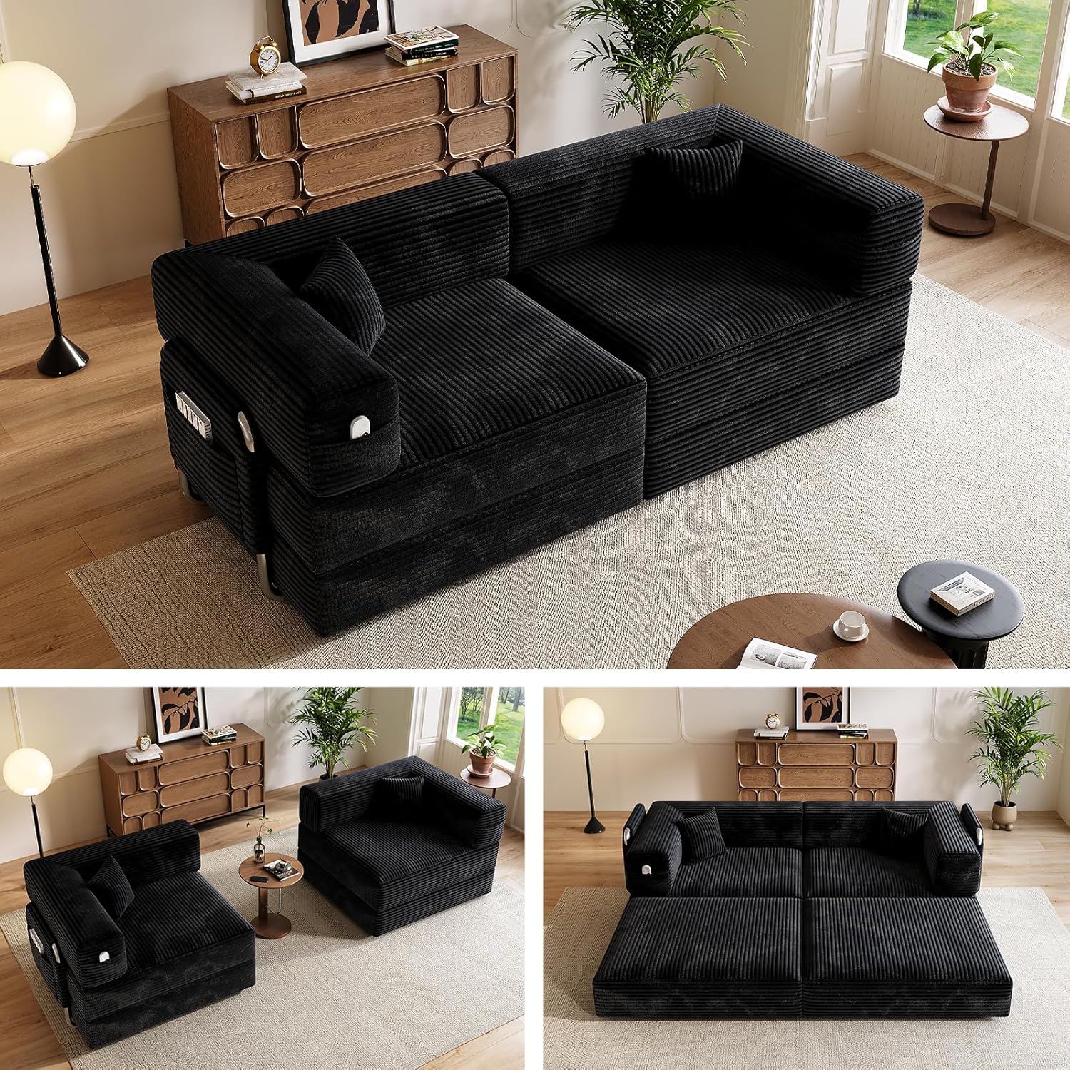 78" Convertible Sofa Bed, Modular Corduroy Floor Sleeper Sofa with Fixed-Shape Frame and 2 Pillows, Love Seat Folding Mattress Couch for Living Room Small Spaces - No Assembly, Black