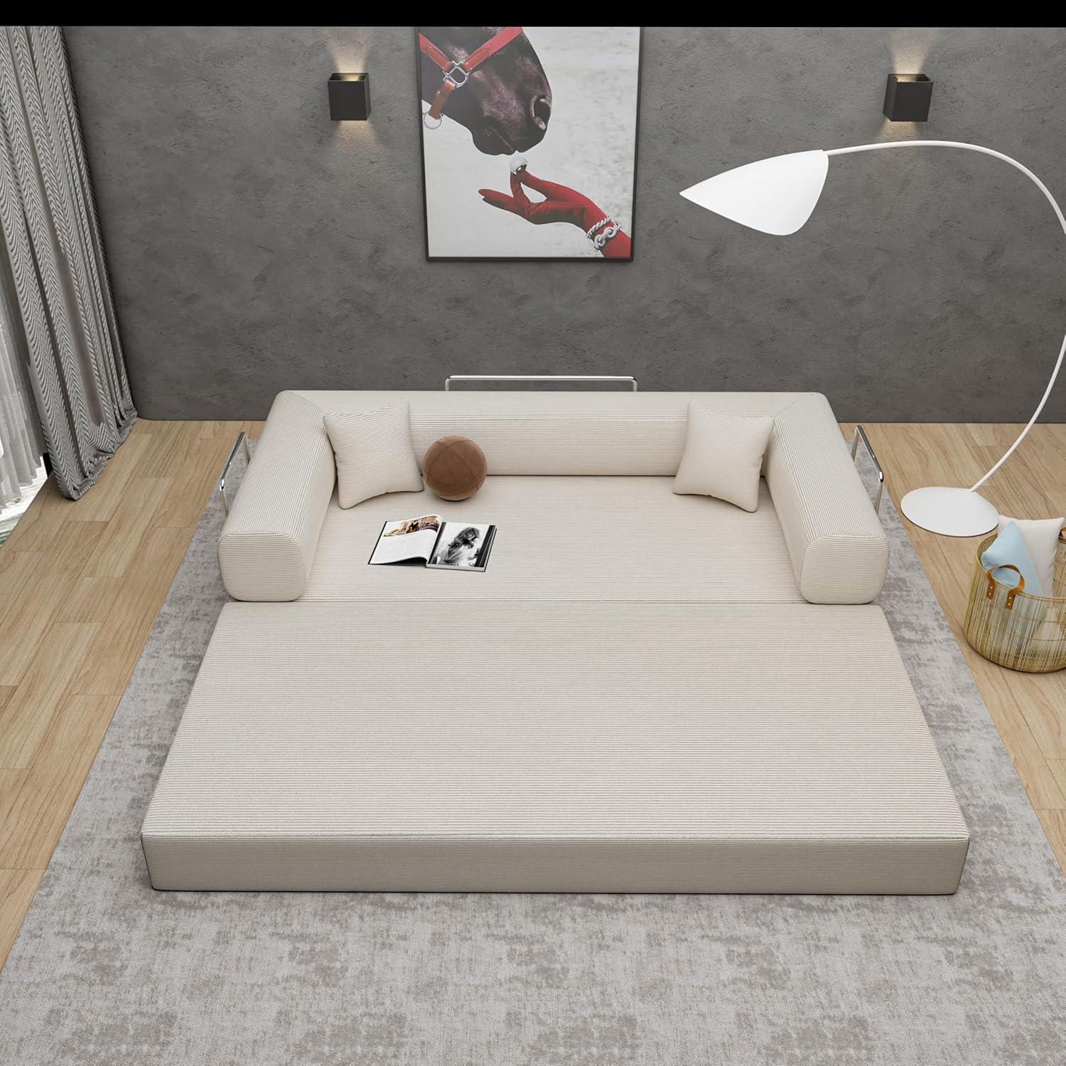 Convertible Couch Sofa Bed Foldable Floor Sleeper | Modern Deep Seat Fold Out Couch | Removable Backrest & Armrests | No Assembly Compression Sofa Sleeper for Living Room, Bedroom | Corduroy Green