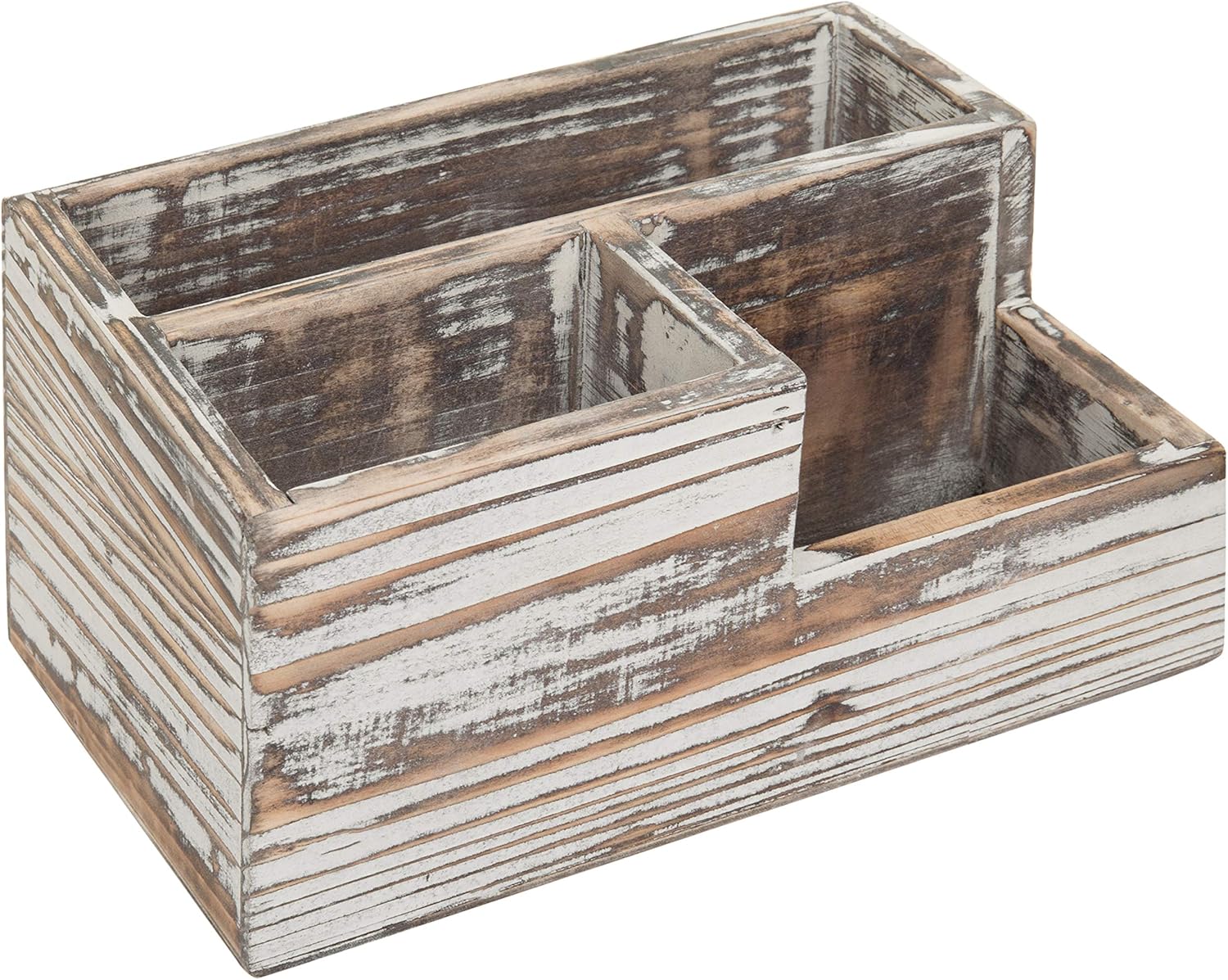 MyGift Rustic Burnt Wood TV Remote Control Organizer Holder Storage Caddy for Table with 2 Compartments and Decorative Black Metal Wrap Accents