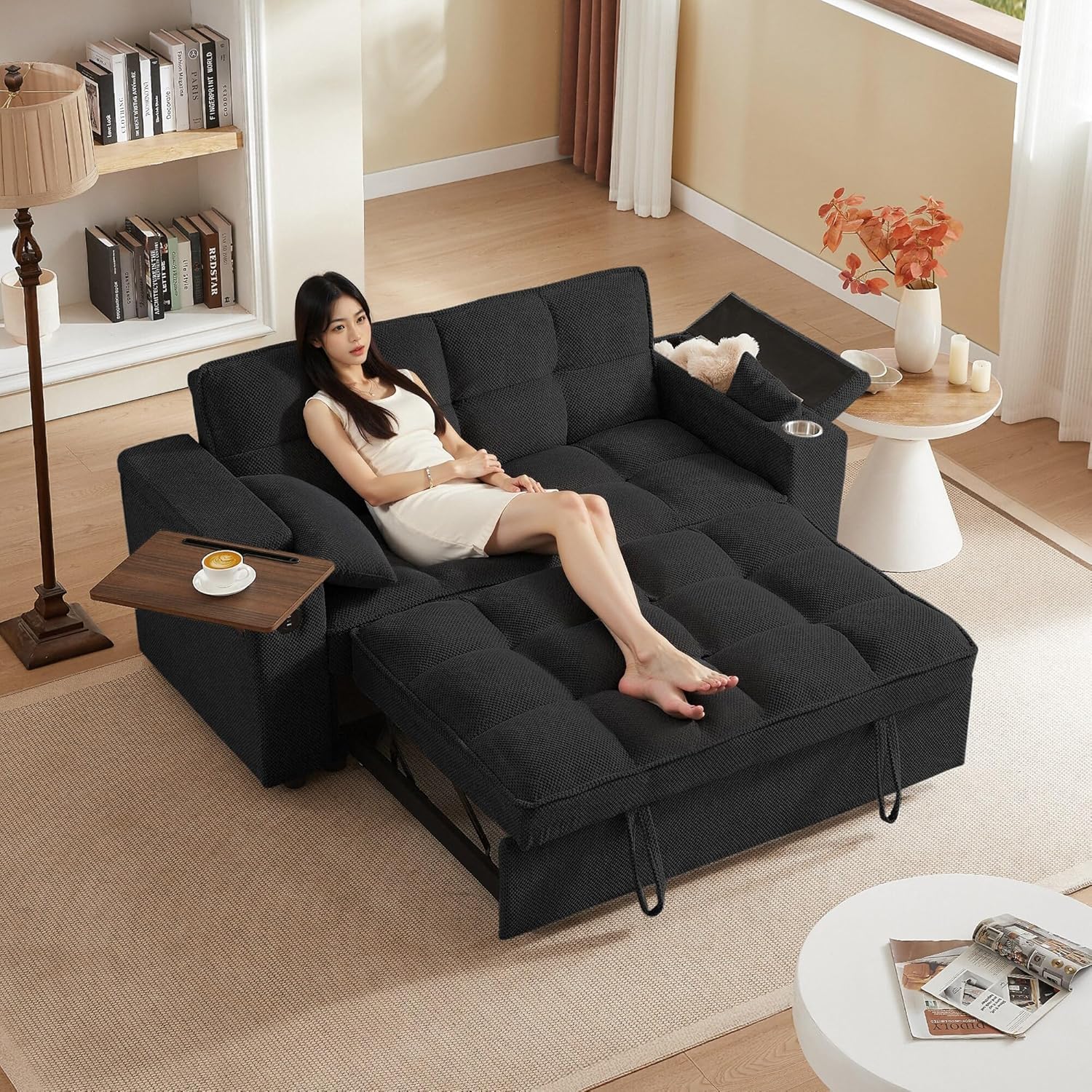 65'' 3-in-1 Folding Convertible Sofa Bed, Queen Size Pullout Sofa, Modern Chenille Fabric, 360° Swivel Side Table, Easy Assembly, Perfect for Living Room