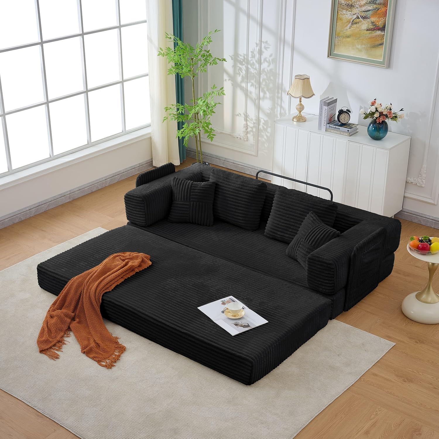 Convertible Couch Sofa Bed Foldable Floor Sleeper | Modern Deep Seat Fold Out Couch | Removable Backrest & Armrests | No Assembly Compression Sofa Sleeper for Living Room, Bedroom | Corduroy Green