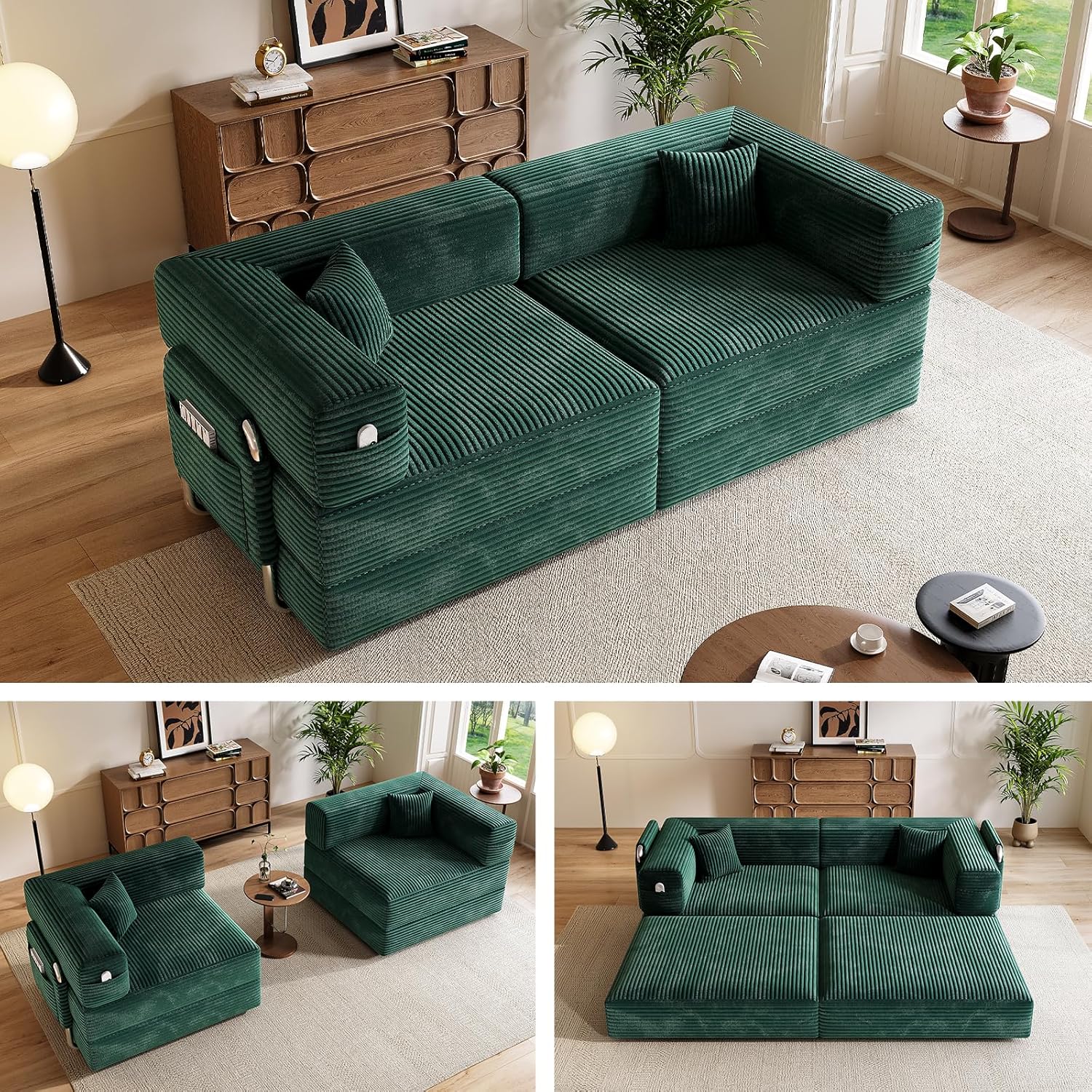 78" Convertible Sofa Bed, Modular Corduroy Floor Sleeper Sofa with Fixed-Shape Frame and 2 Pillows, Love Seat Folding Mattress Couch for Living Room Small Spaces - No Assembly, Black