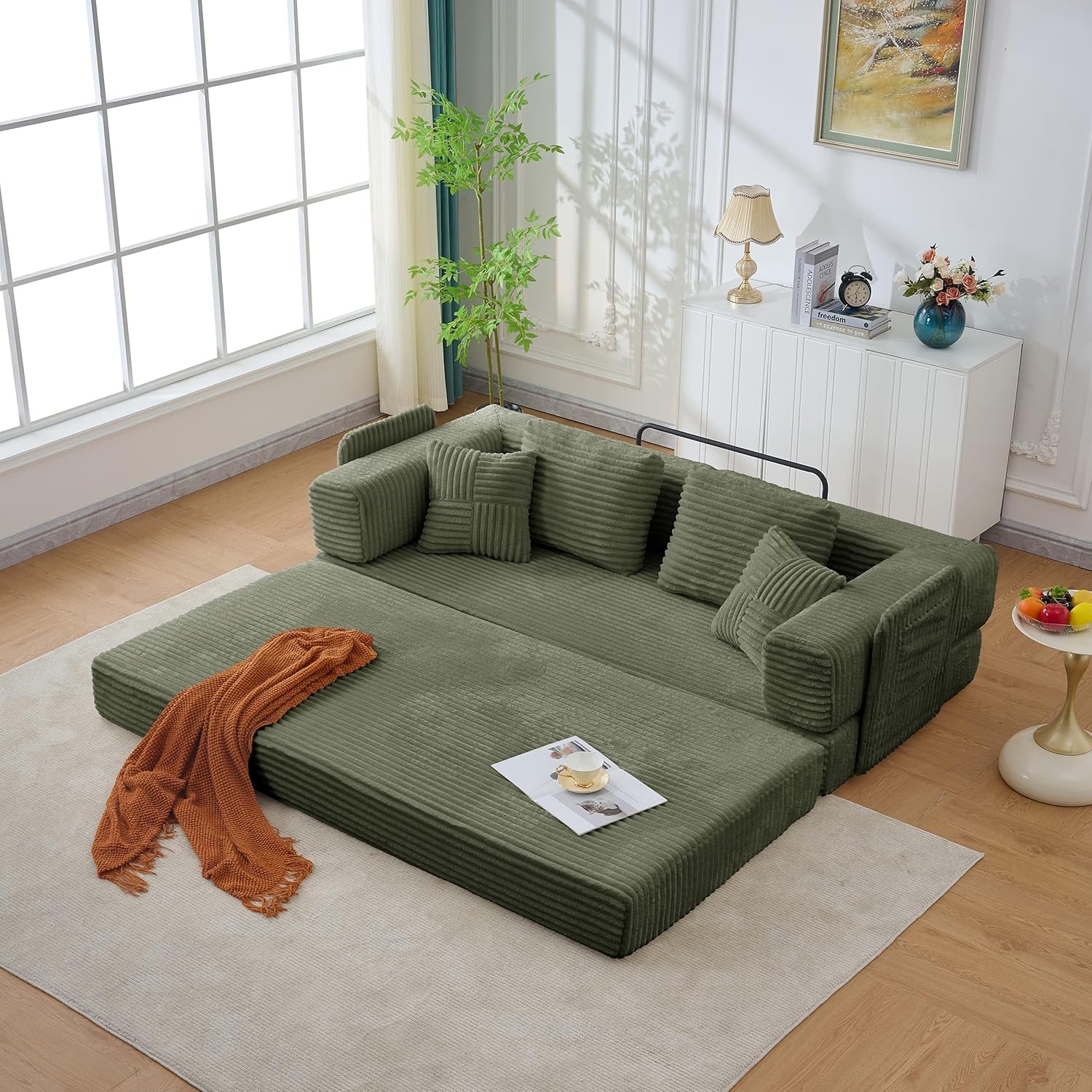 Convertible Couch Sofa Bed Foldable Floor Sleeper | Modern Deep Seat Fold Out Couch | Removable Backrest & Armrests | No Assembly Compression Sofa Sleeper for Living Room, Bedroom | Corduroy Green
