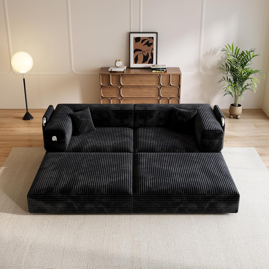 78" Convertible Sofa Bed, Modular Corduroy Floor Sleeper Sofa with Fixed-Shape Frame and 2 Pillows, Love Seat Folding Mattress Couch for Living Room Small Spaces - No Assembly, Black